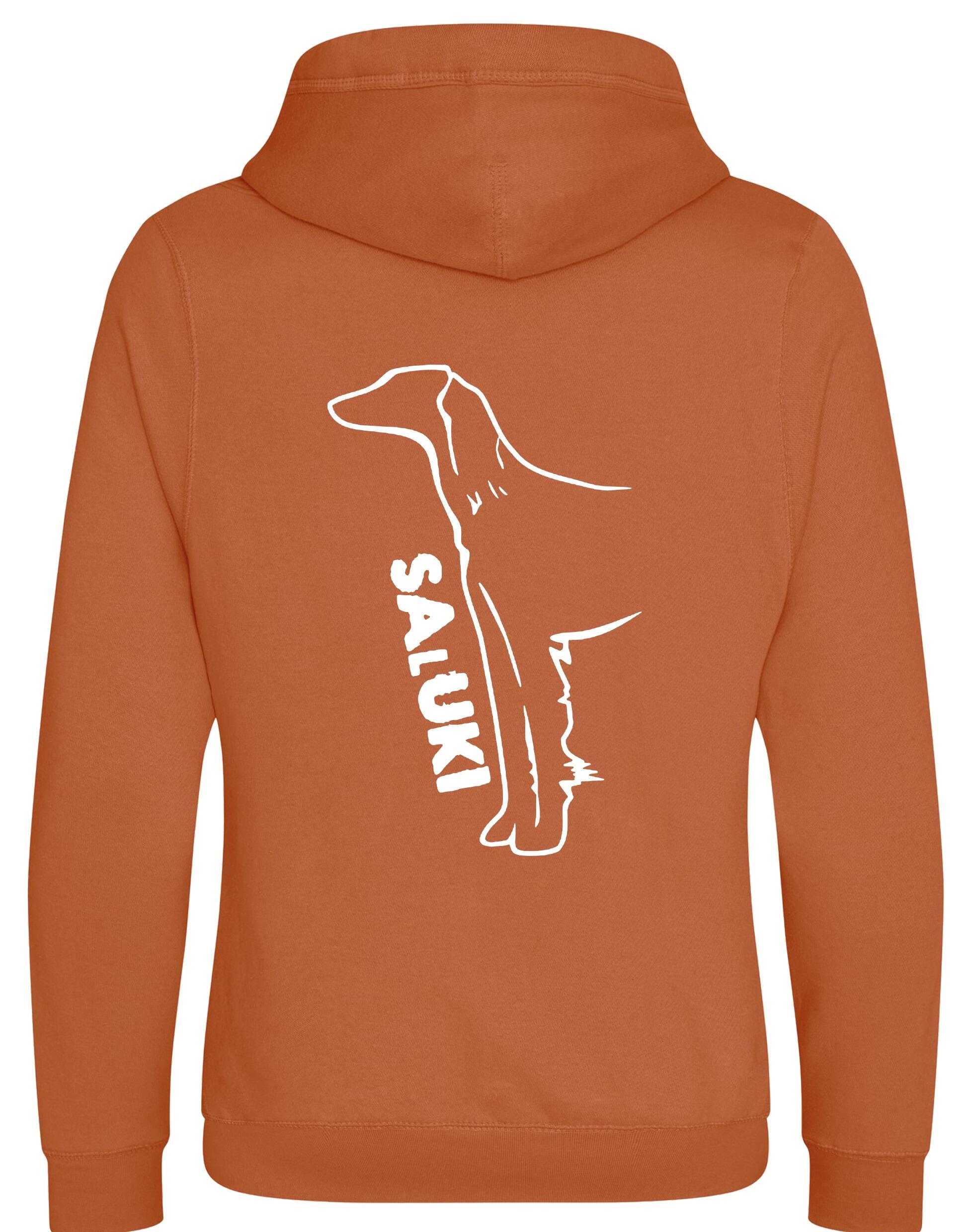 Saluki Crossneck Pullover Hoodie featuring exclusive breed artwork, soft fleece interior, heavy-blend fabric, modern crossneck design, kangaroo pocket, ribbed cuffs and hem, and relaxed unisex fit for breed enthusiasts.