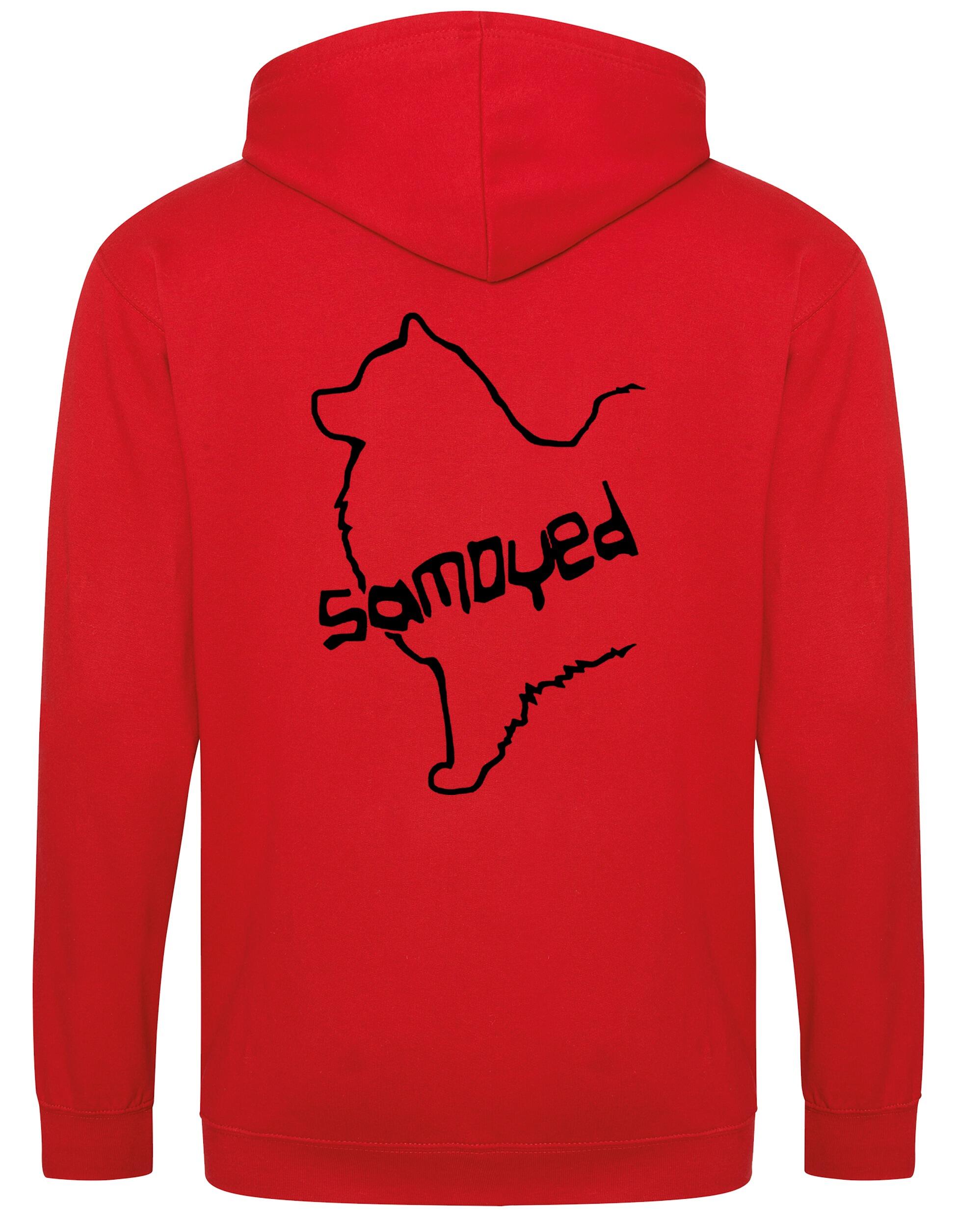 Samoyed Zipped Hoodie featuring exclusive breed artwork, soft fleece interior, heavy-blend fabric, full-zip front, double-fabric hood, spacious front pockets, and personalization options for breed enthusiasts.