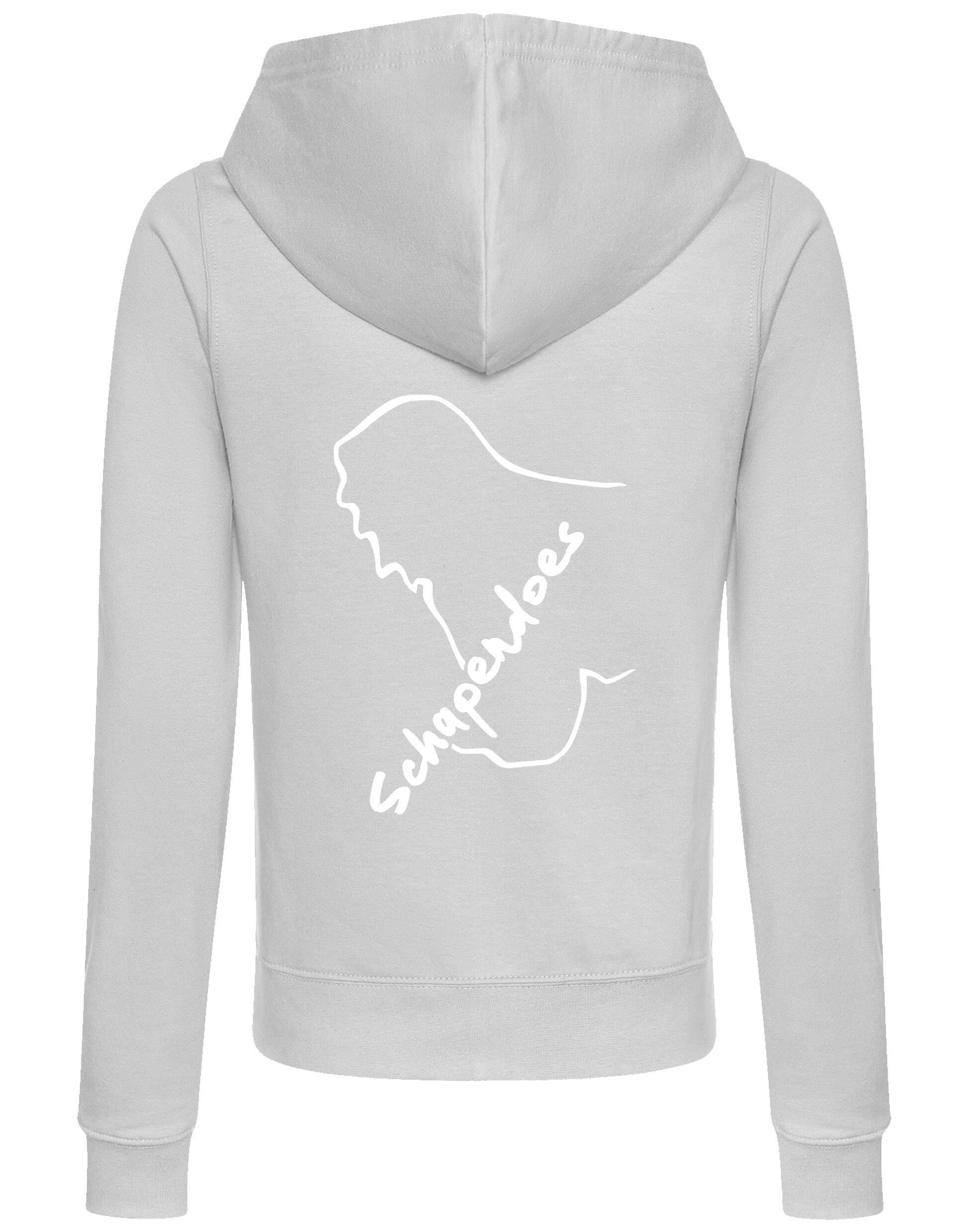 Schapendoes Women’s Zipped Hoodie featuring exclusive breed artwork, breathable fabric, full-zip closure, feminine fit, front pockets, and hood for stylish comfort and breed pride.