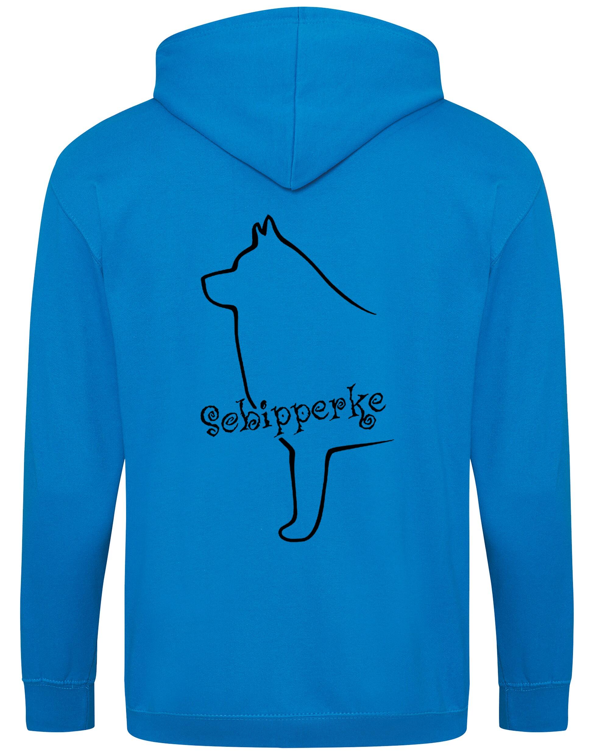 Zipped hoodie featuring exclusive Schipperke design, showcasing detailed breed artwork on the back, with a cozy double-fabric hood and spacious front pockets.