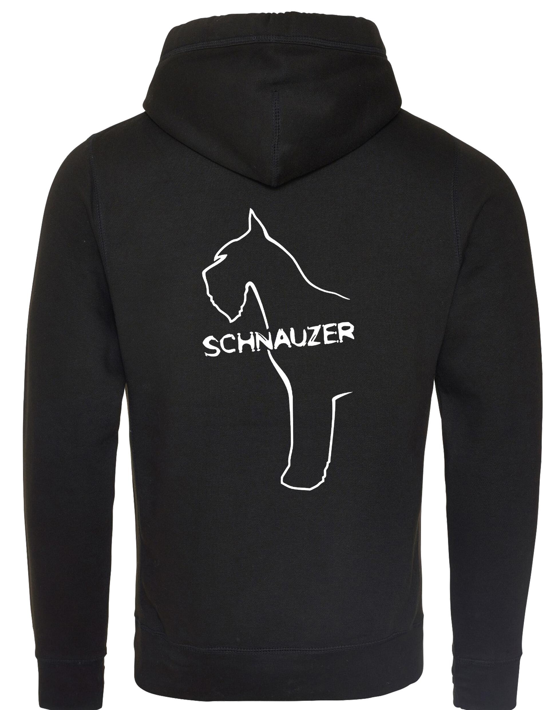 Schnauzer Unisex Crossneck Pullover Hoodie featuring exclusive breed artwork on the back, kangaroo pocket, ribbed cuffs, and brushed fleece lining for extra warmth and comfort. Ideal for Schnauzer enthusiasts and outdoor activities.