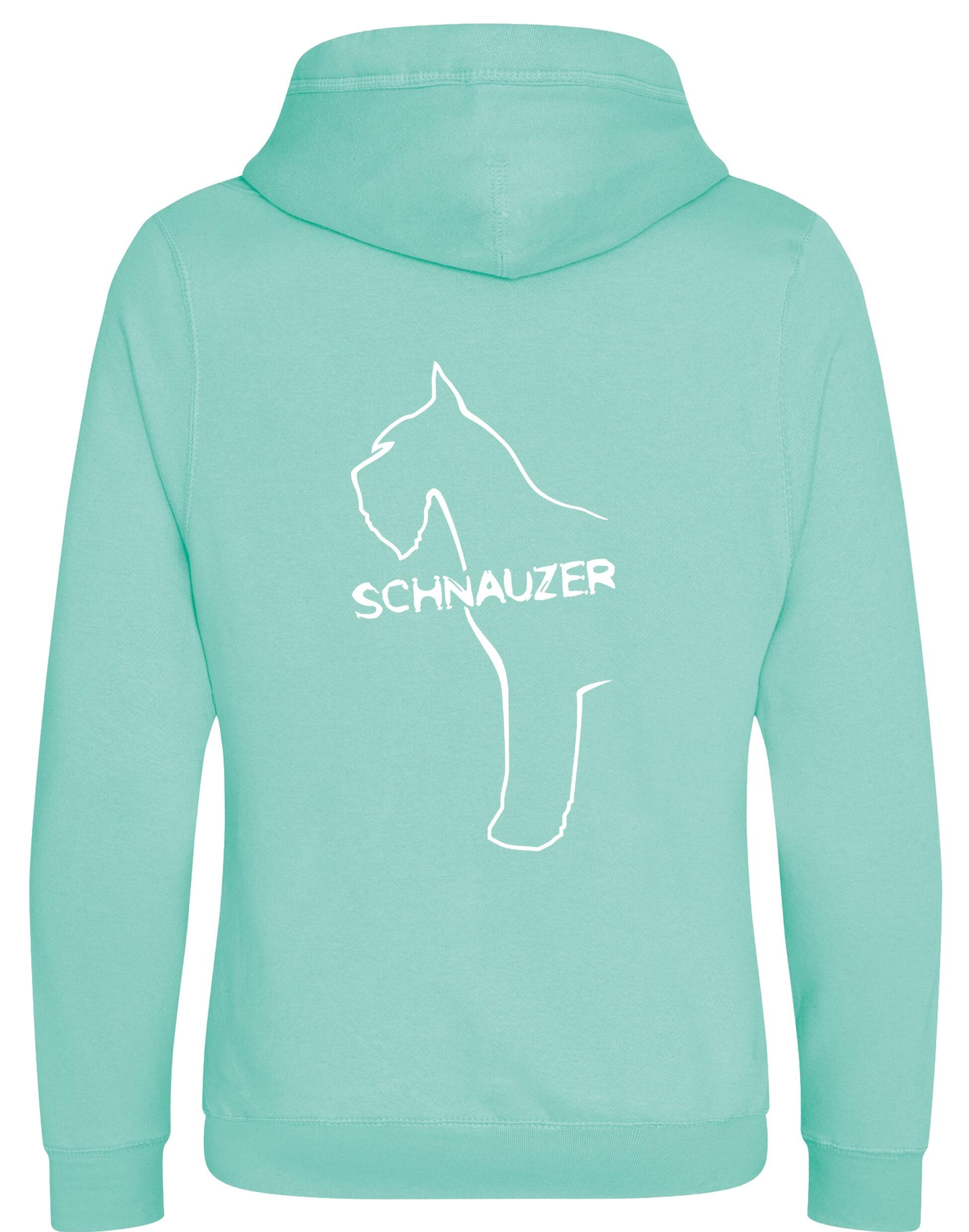 Schnauzer Unisex Crossneck Pullover Hoodie featuring exclusive breed artwork on the back, kangaroo pocket, ribbed cuffs, and brushed fleece lining for extra warmth and comfort. Ideal for Schnauzer enthusiasts and outdoor activities.