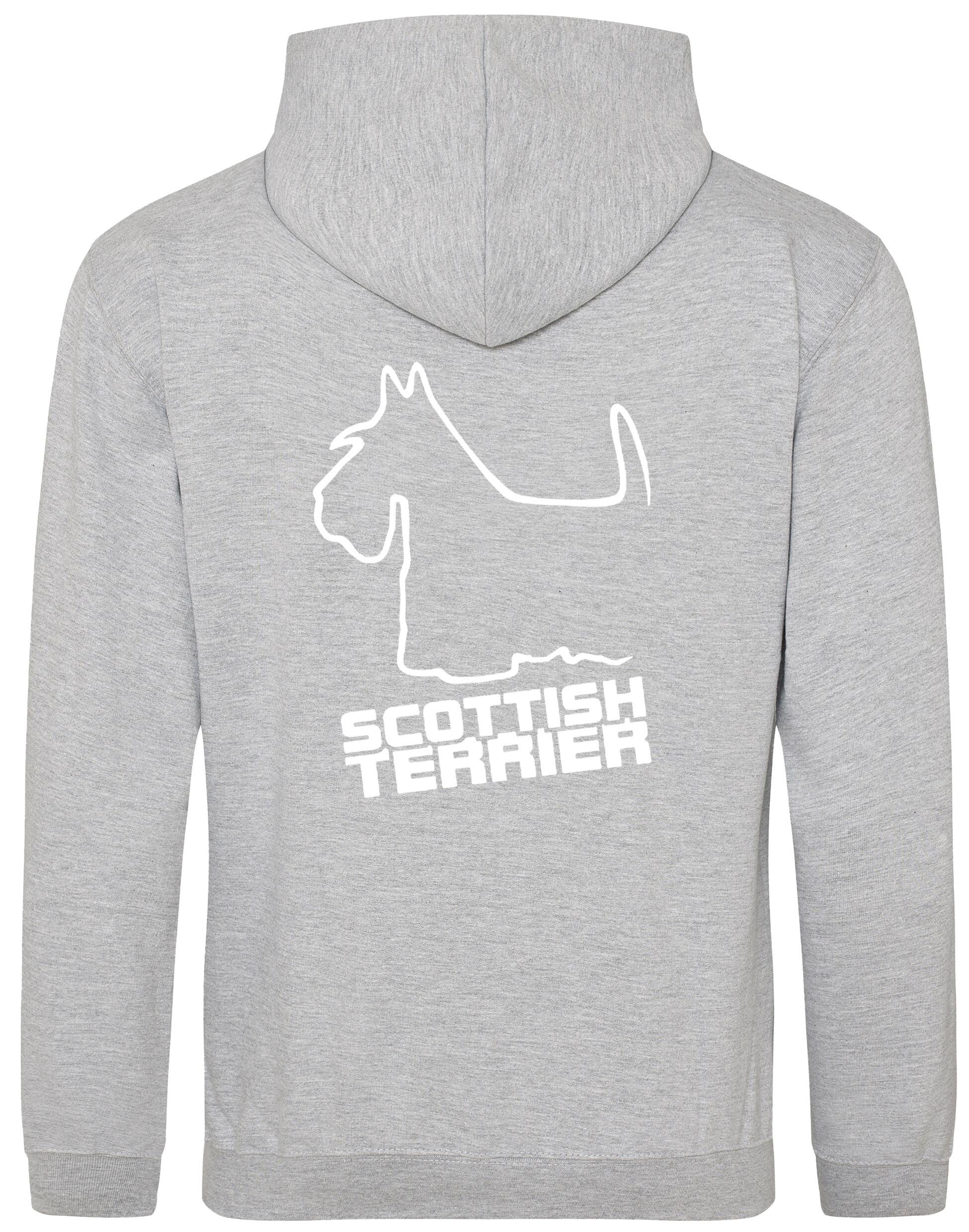 Scottish Terrier Design Pullover Hoodie with exclusive artwork, heavy-blend fabric, double-fabric hood, and paw print detail.