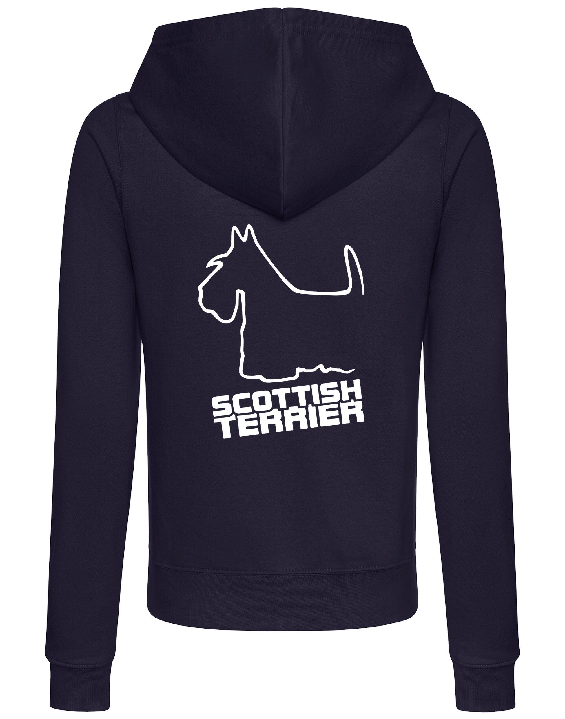 Scottish Terrier Women’s Zipped Hoodie with exclusive artwork, feminine fit, cozy hood, and front pockets.