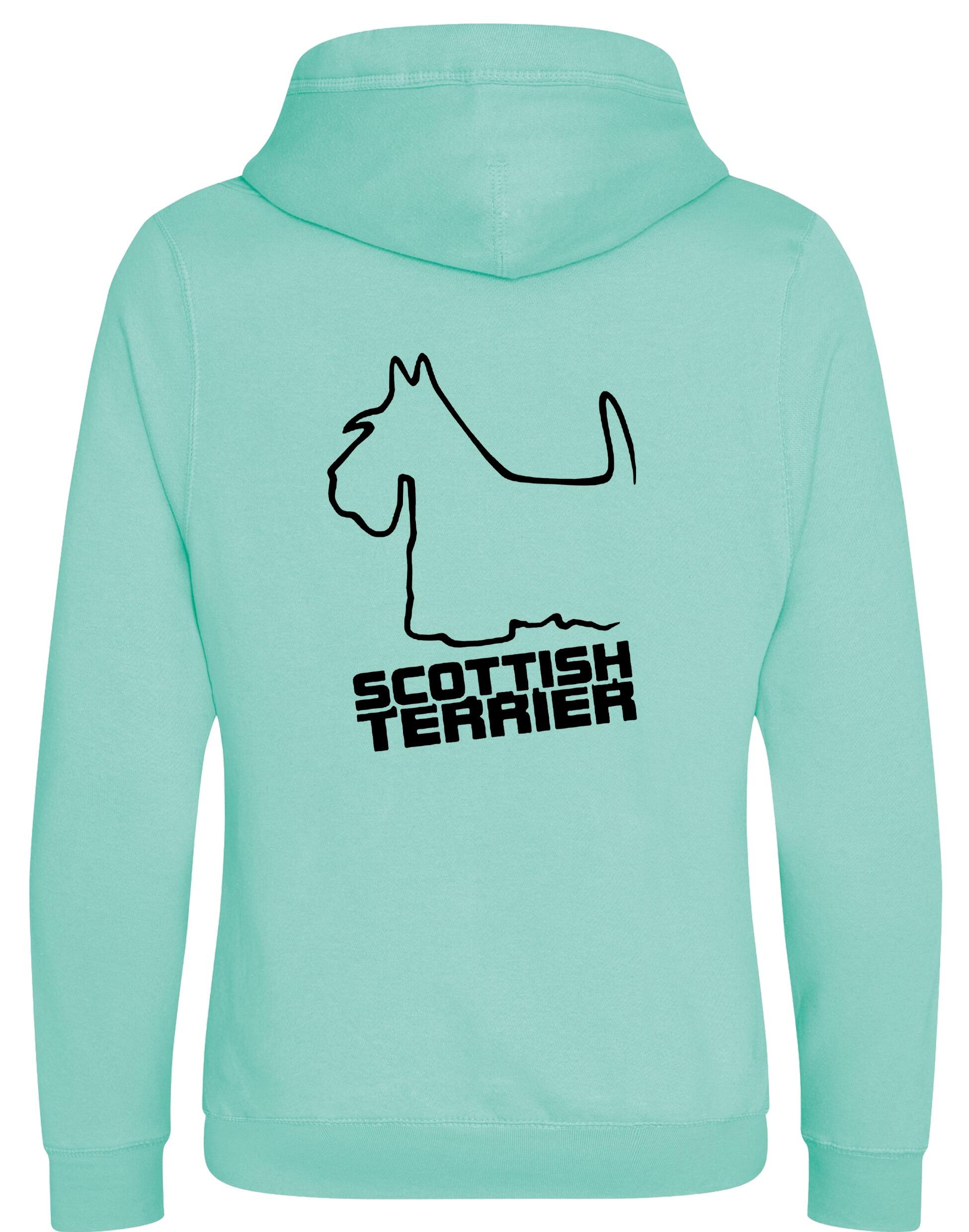 Scottish Terrier Crossneck Pullover Hoodie with exclusive breed artwork, modern crossneck design, brushed fleece lining, and kangaroo pocket.