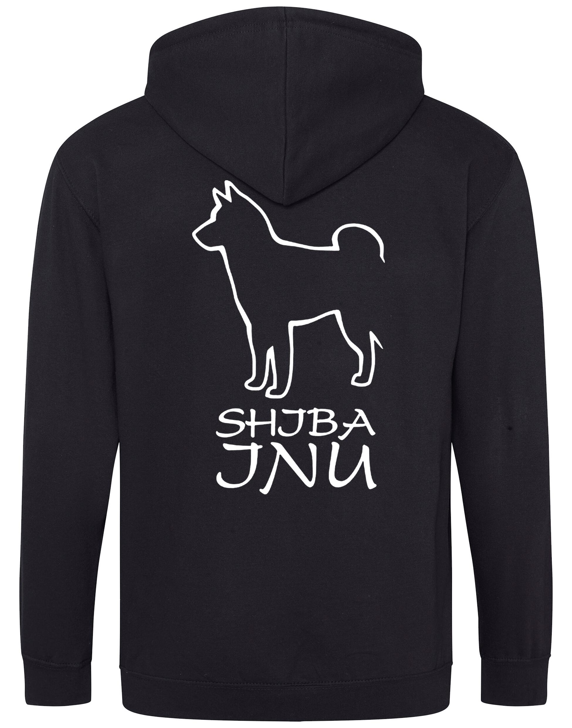 Unisex zipped hoodie featuring exclusive Shiba Inu artwork on the back, paw prints on the front, full-length zip, cozy brushed fleece lining, and front pockets – ideal for breed enthusiasts.
