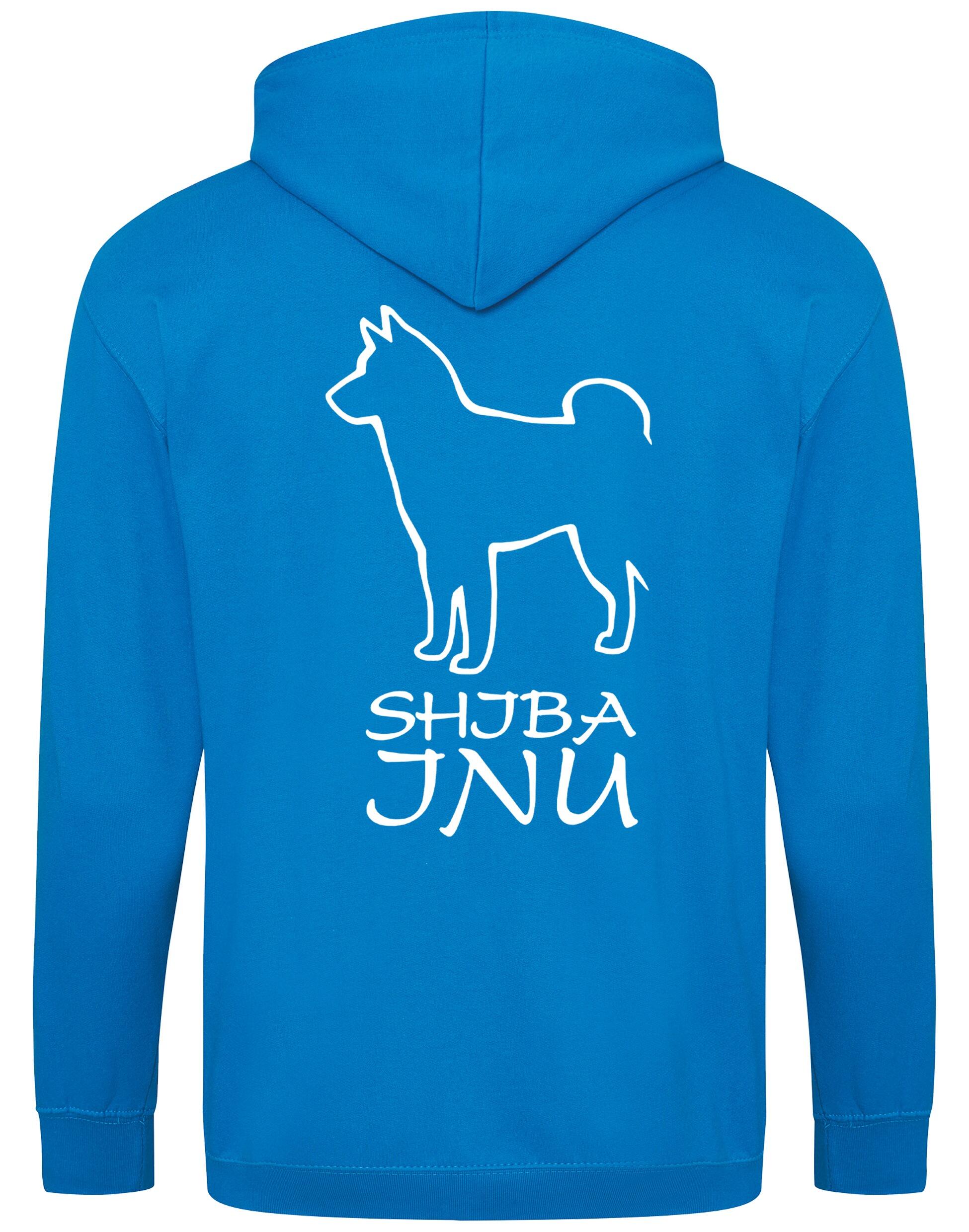Unisex zipped hoodie featuring exclusive Shiba Inu artwork on the back, paw prints on the front, full-length zip, cozy brushed fleece lining, and front pockets – ideal for breed enthusiasts.