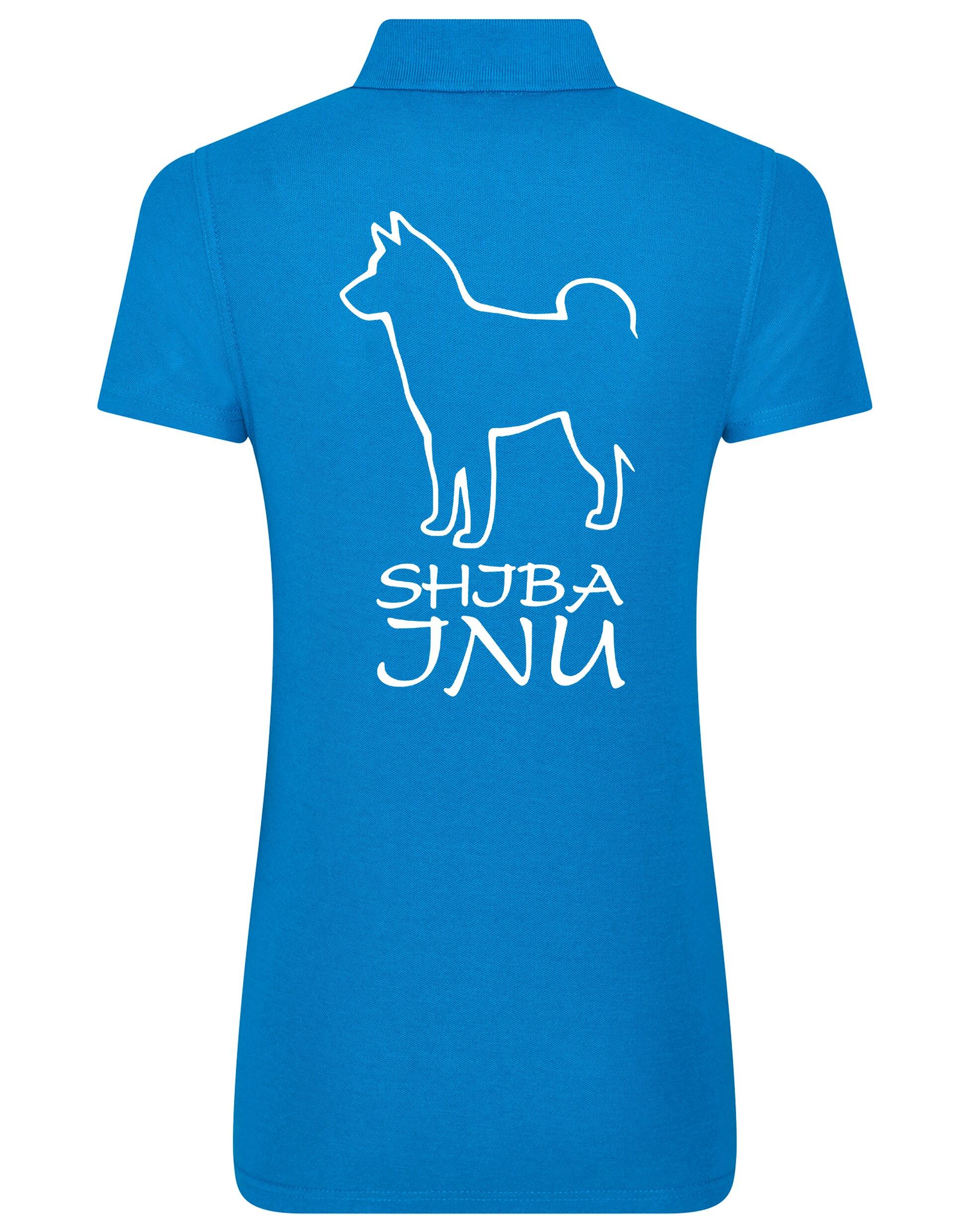 Women's cotton polo shirt featuring exclusive Shiba Inu artwork on the back, designed with a flattering feminine fit and breathable fabric, ideal for casual outings and breed events.
