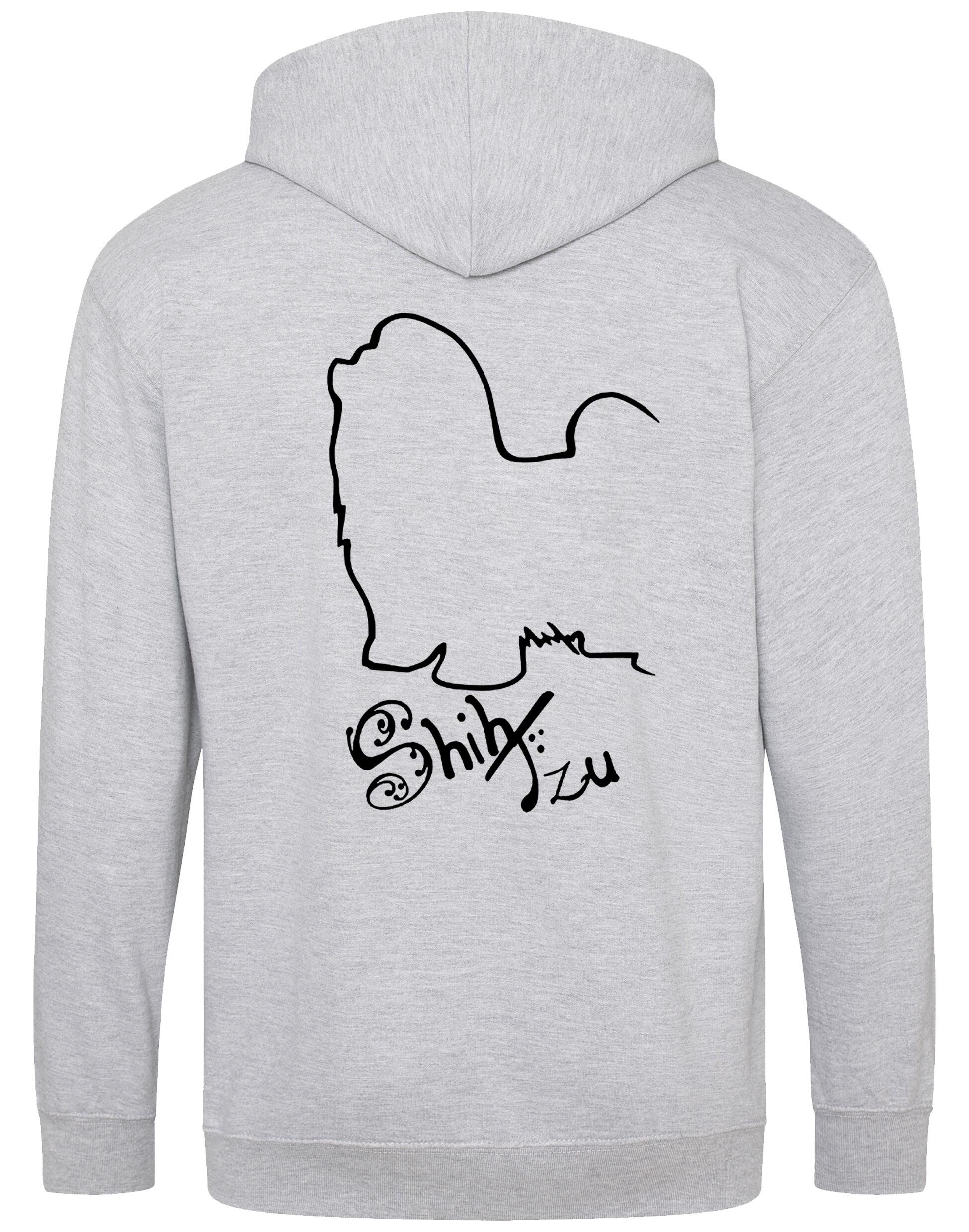 Shih Tzu zipped hoodie with paw prints on the front and detailed breed design on the back, full-zip style with hood and pockets, perfect for breed lovers.