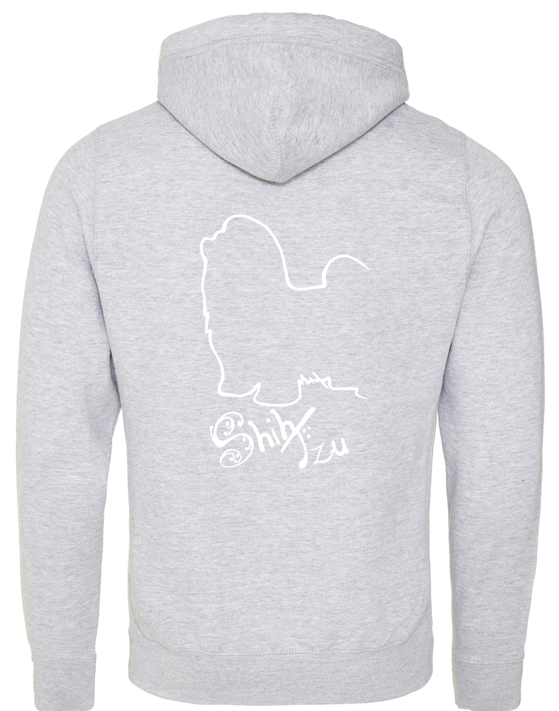 Unisex Shih Tzu crossneck hoodie with fleece lining and detailed breed design on the back, featuring kangaroo pocket and modern collar style.