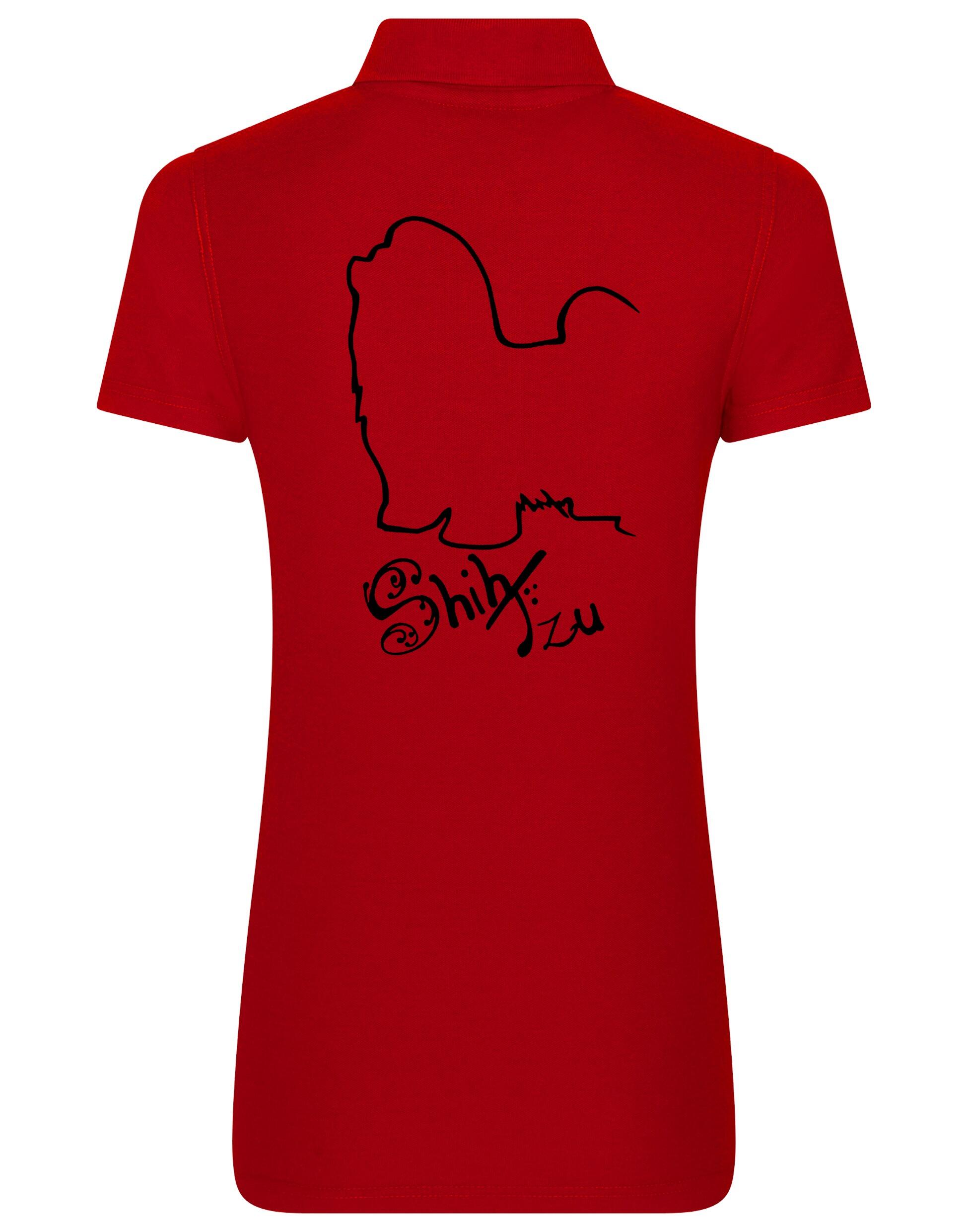 Women’s cotton polo shirt featuring exclusive Shih Tzu artwork on the back, with a flattering feminine fit, breathable fabric, and classic collar—ideal for casual wear or dog events.