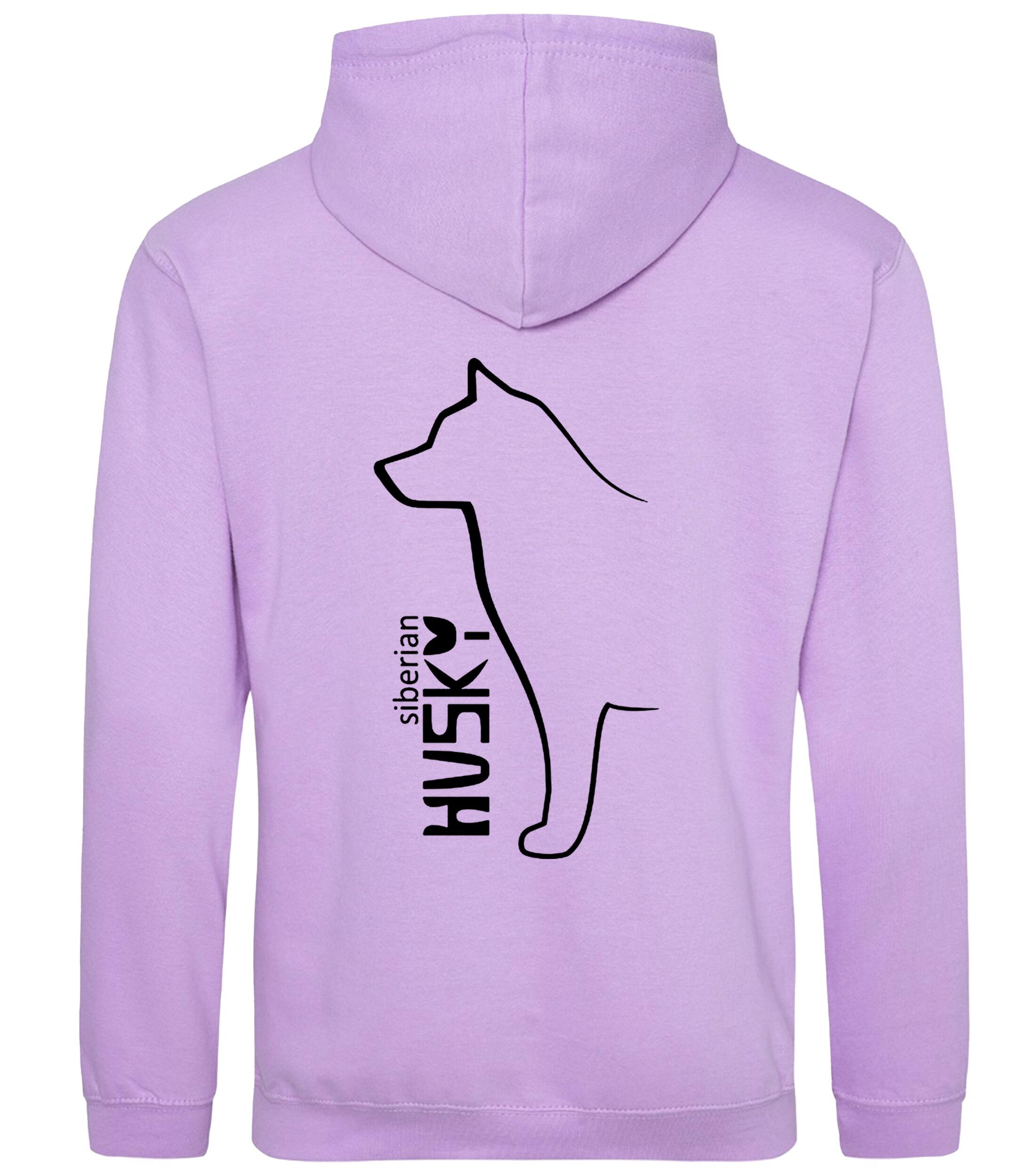 Unisex pullover hoodie featuring a detailed Siberian Husky design on the back with paw prints on the front, brushed fleece interior, double-fabric hood, and kangaroo pocket – ideal for dog walks, events, or lounging in style.