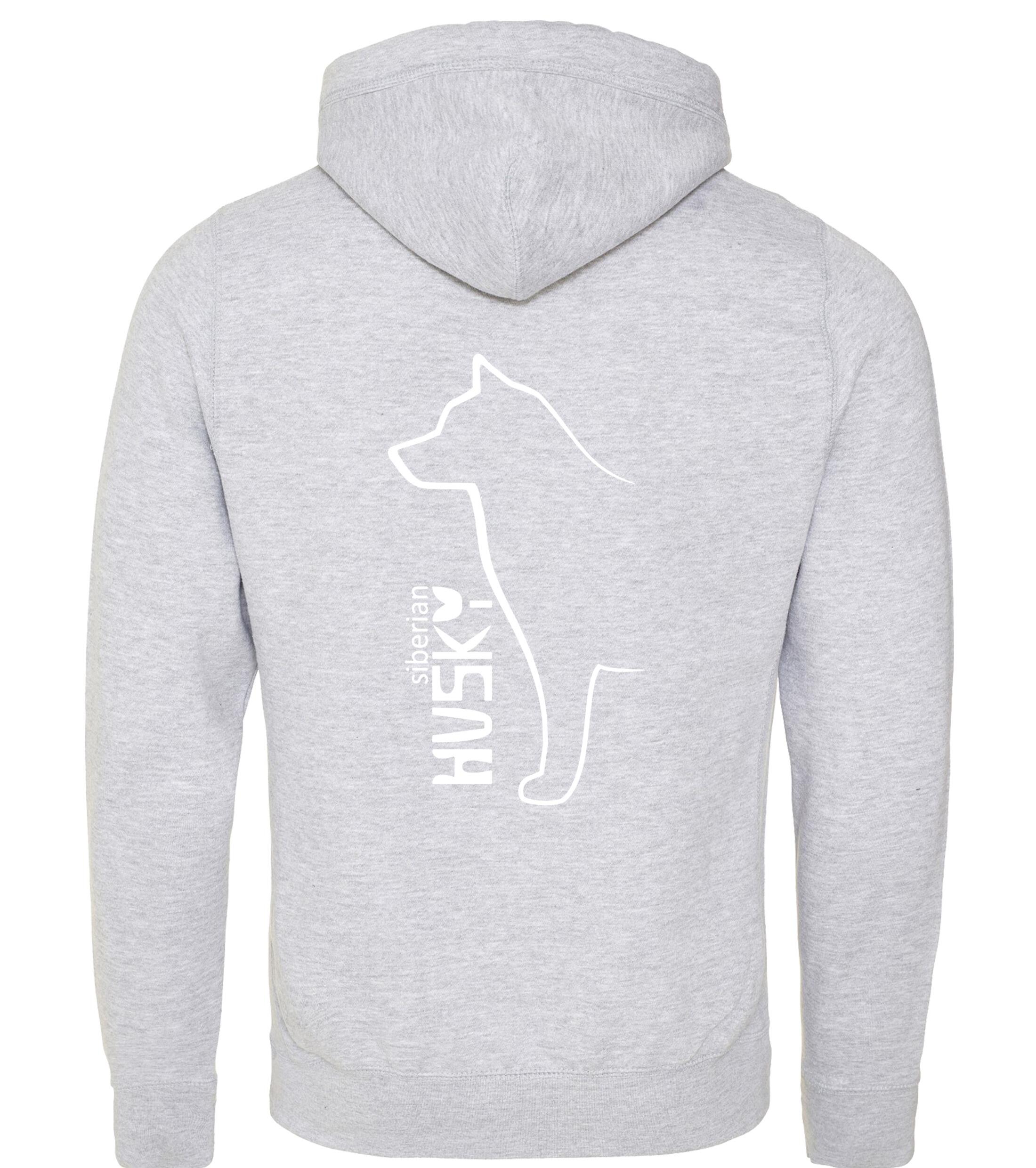 Unisex crossneck pullover hoodie featuring detailed Siberian Husky artwork on the back, made from heavy-blend fleece with a kangaroo pocket and ribbed cuffs—ideal for Husky enthusiasts seeking warmth and style.