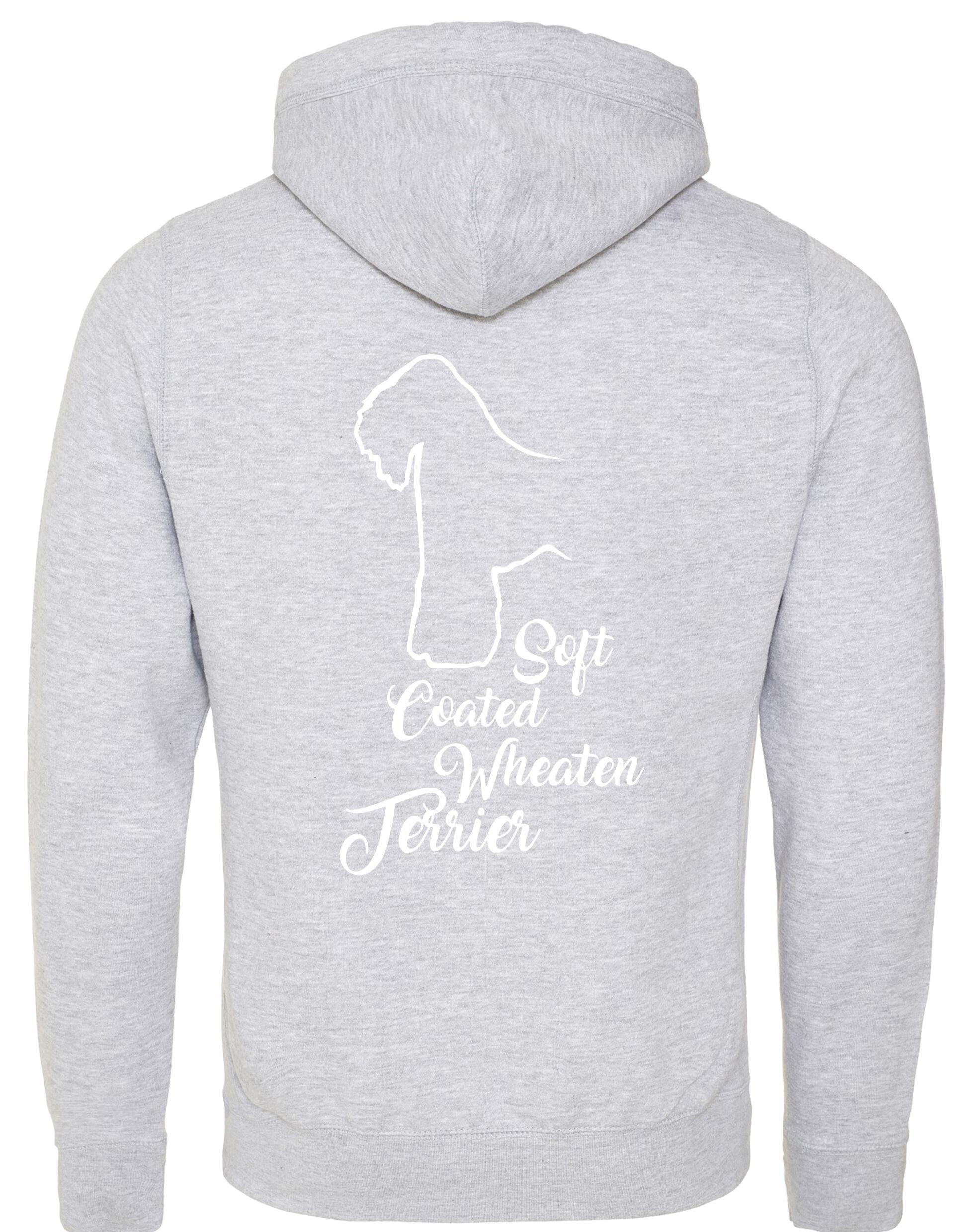 Unisex crossneck pullover hoodie with Soft Coated Wheaten Terrier artwork on the back, fleece-lined with kangaroo pocket