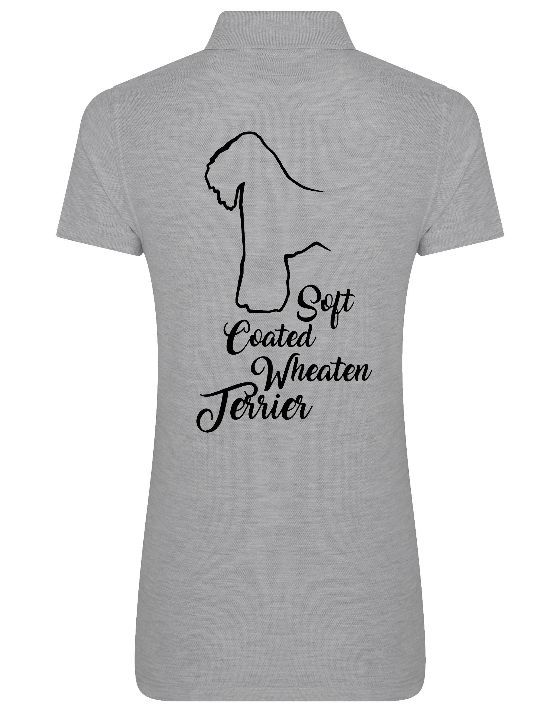 Women’s cotton polo shirt with Soft Coated Wheaten Terrier artwork on the back, breathable and flattering feminine fit