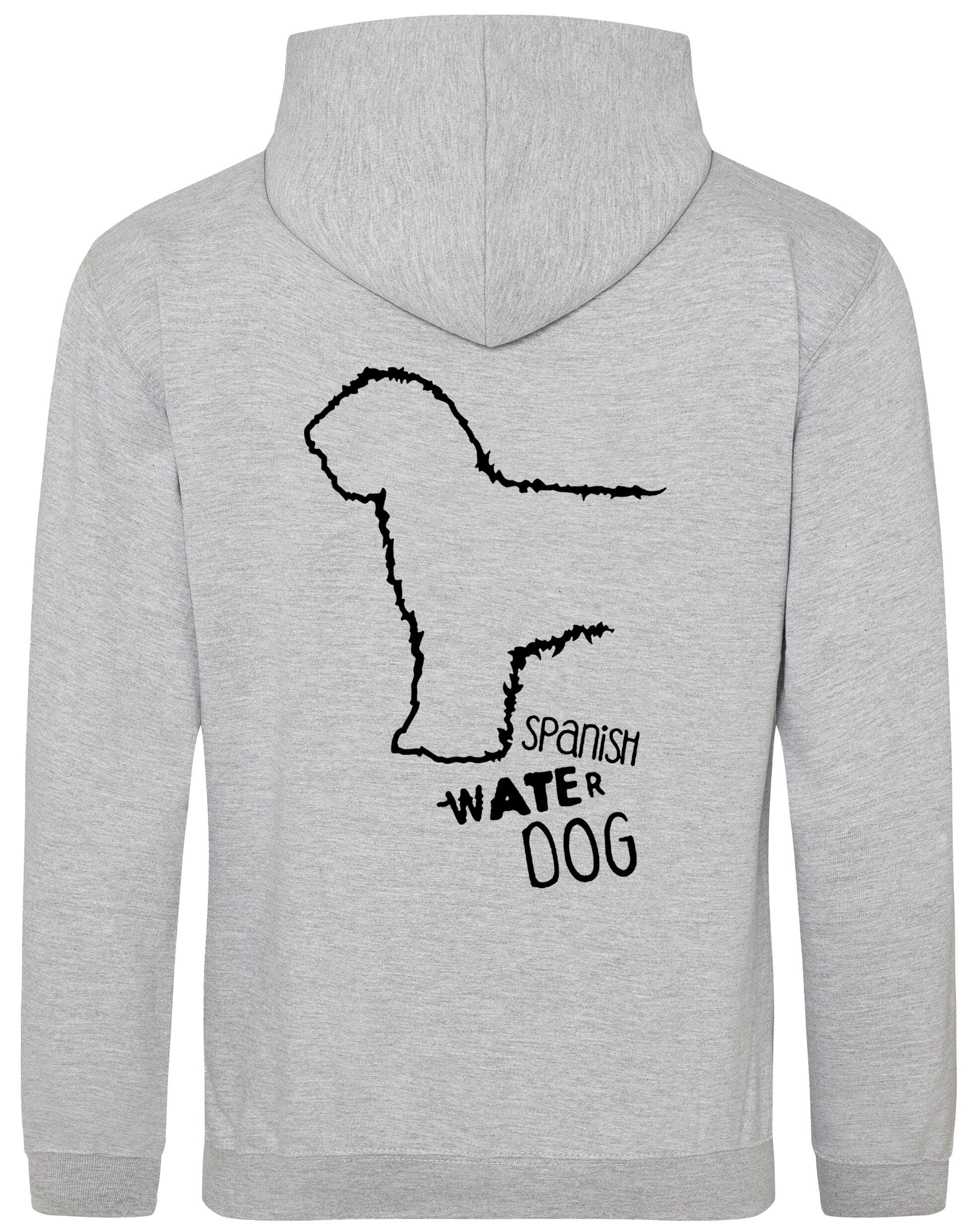 Pullover hoodie featuring Spanish Water Dog artwork on the back and paw prints on the front. Heavy-blend fabric with a brushed fleece interior, double-fabric hood, kangaroo pocket, and ribbed cuffs—ideal for cold weather, breed events, and casual comfort.