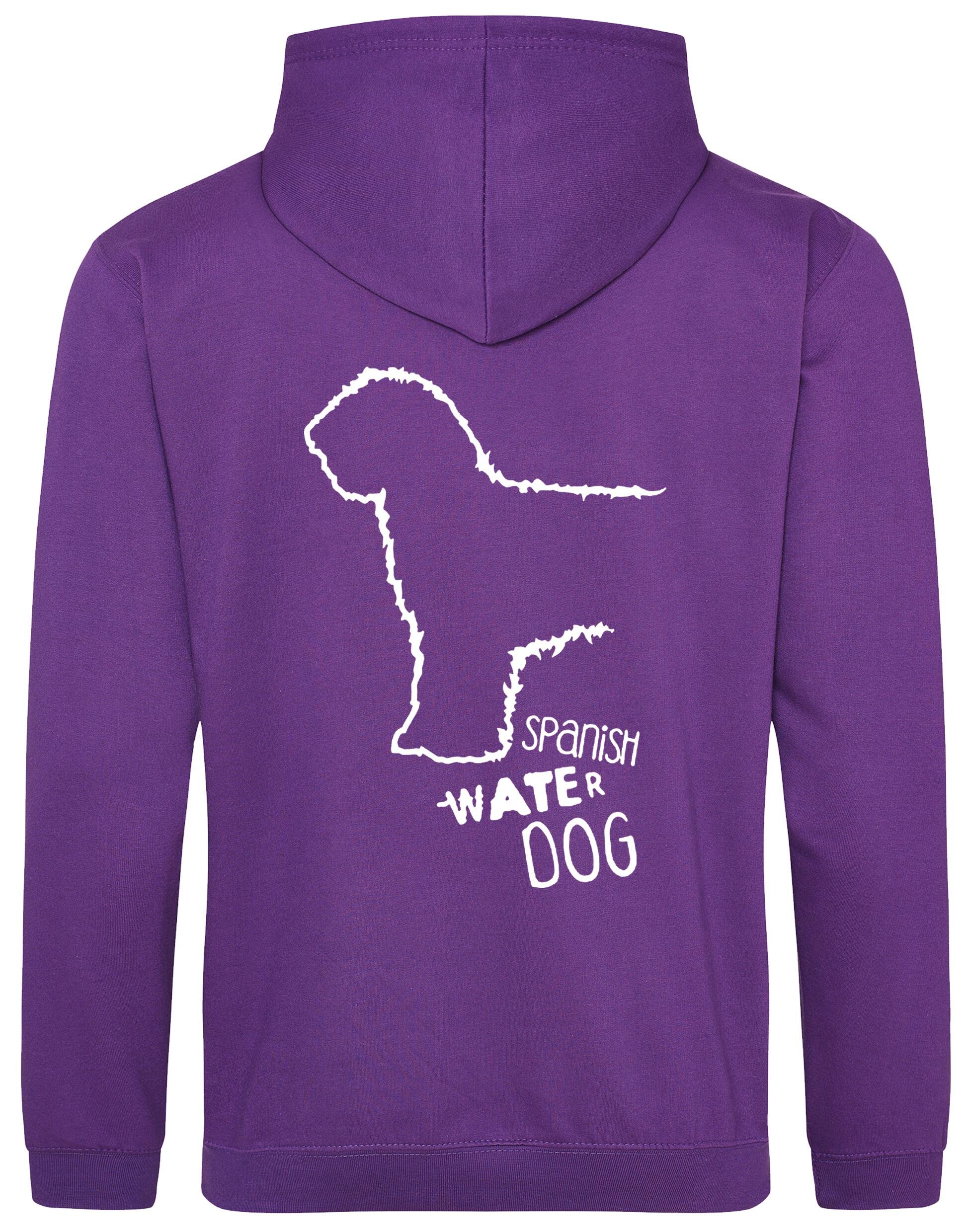 Pullover hoodie featuring Spanish Water Dog artwork on the back and paw prints on the front. Heavy-blend fabric with a brushed fleece interior, double-fabric hood, kangaroo pocket, and ribbed cuffs—ideal for cold weather, breed events, and casual comfort.