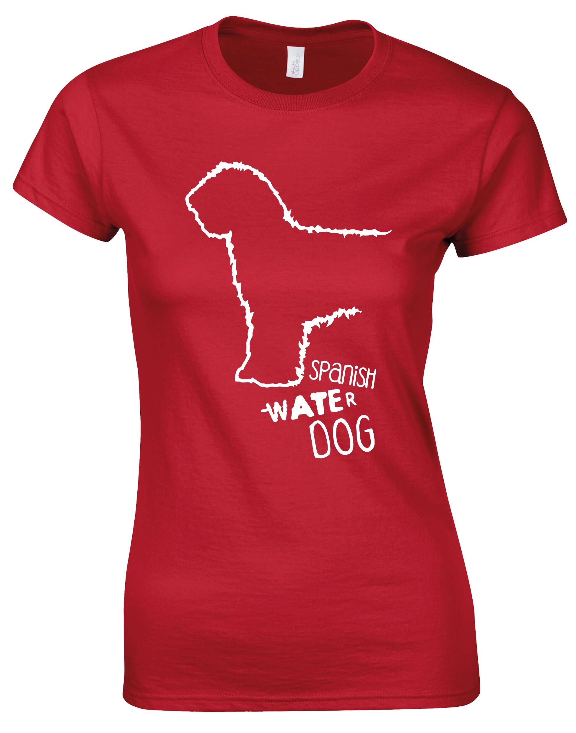 Female Roundneck T-shirt featuring Spanish Water Dog artwork on the front. Made from soft, breathable cotton with a tailored feminine fit and classic round neckline—perfect for breed lovers.