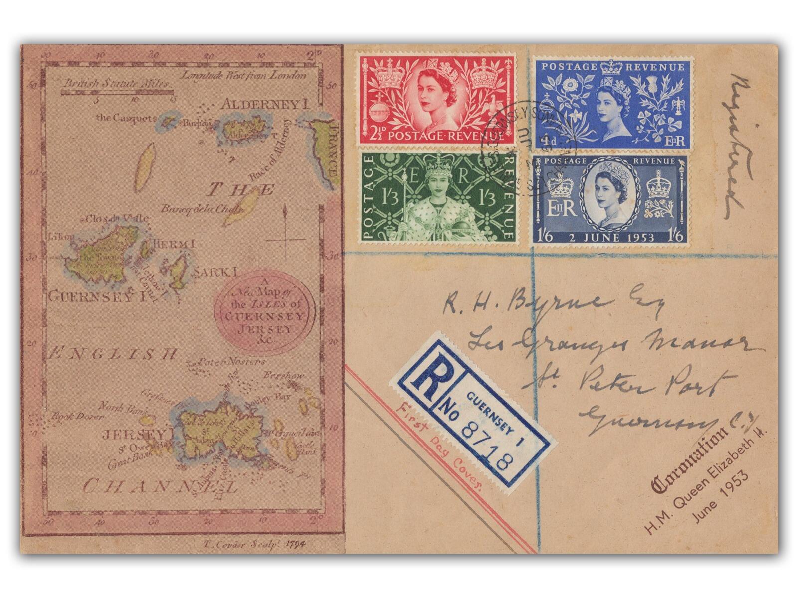 1953 Coronation, Guernsey CDS, Channel Islands Cover