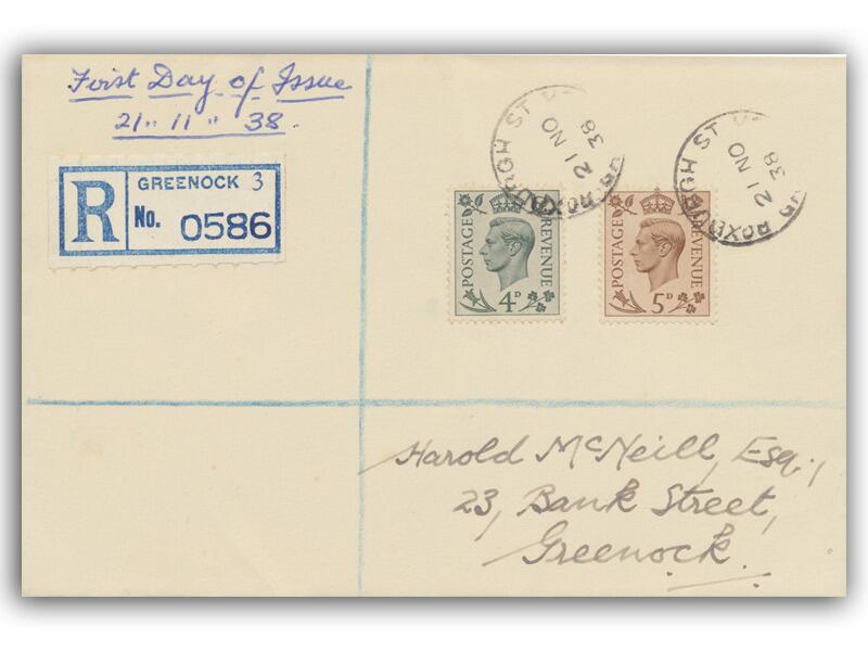 1938 4d Grey Green & 5d Brown, Greenock CDS