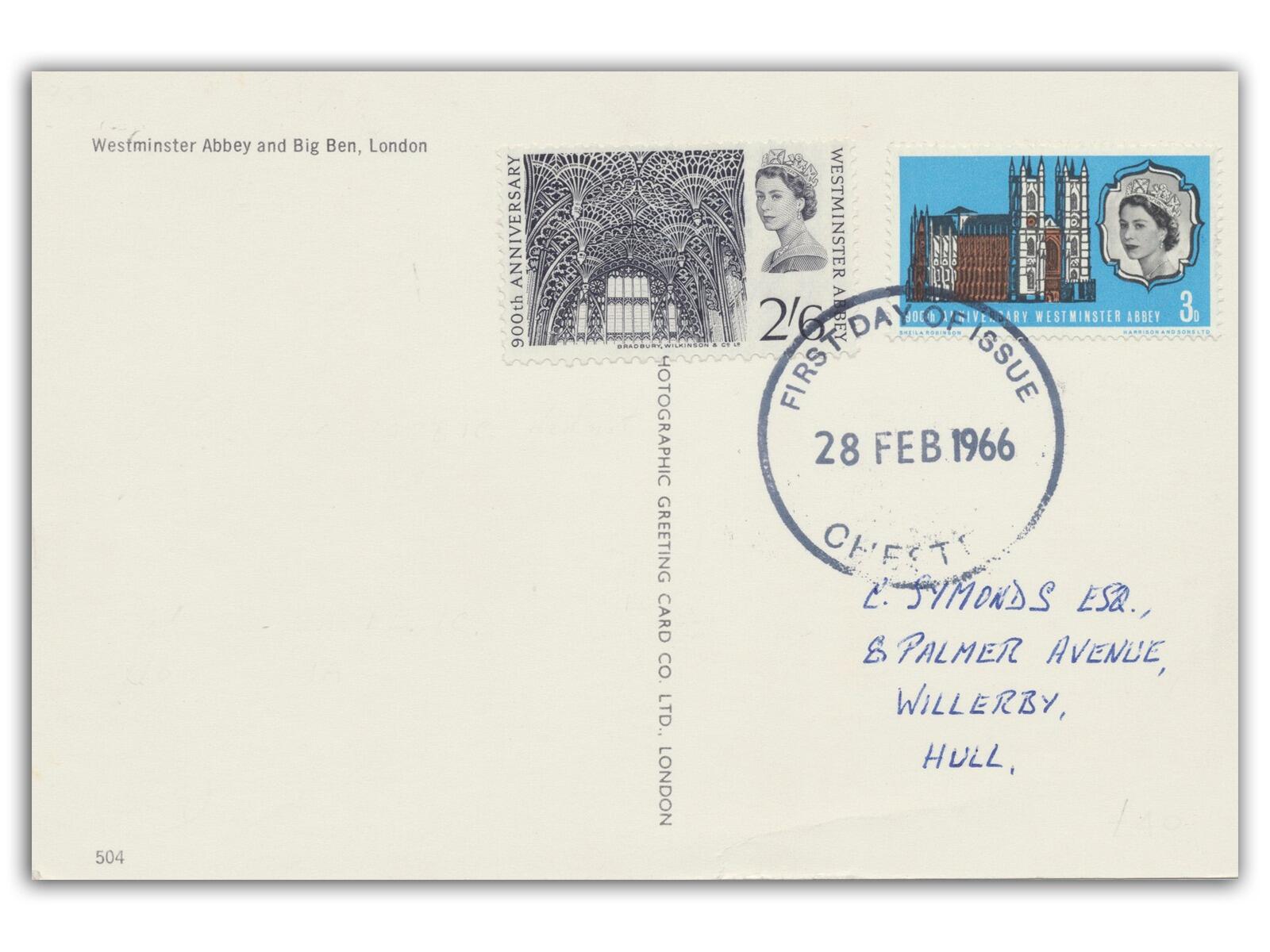 1966 Westminster Abbey, Chester FDI, Westminster Abbey Postcard