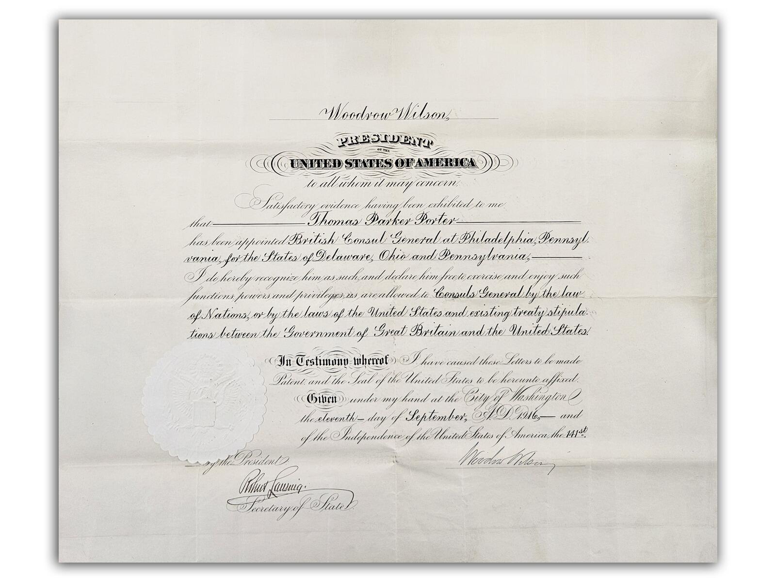 Woodrow Wilson Signed | 1916 Consul Document