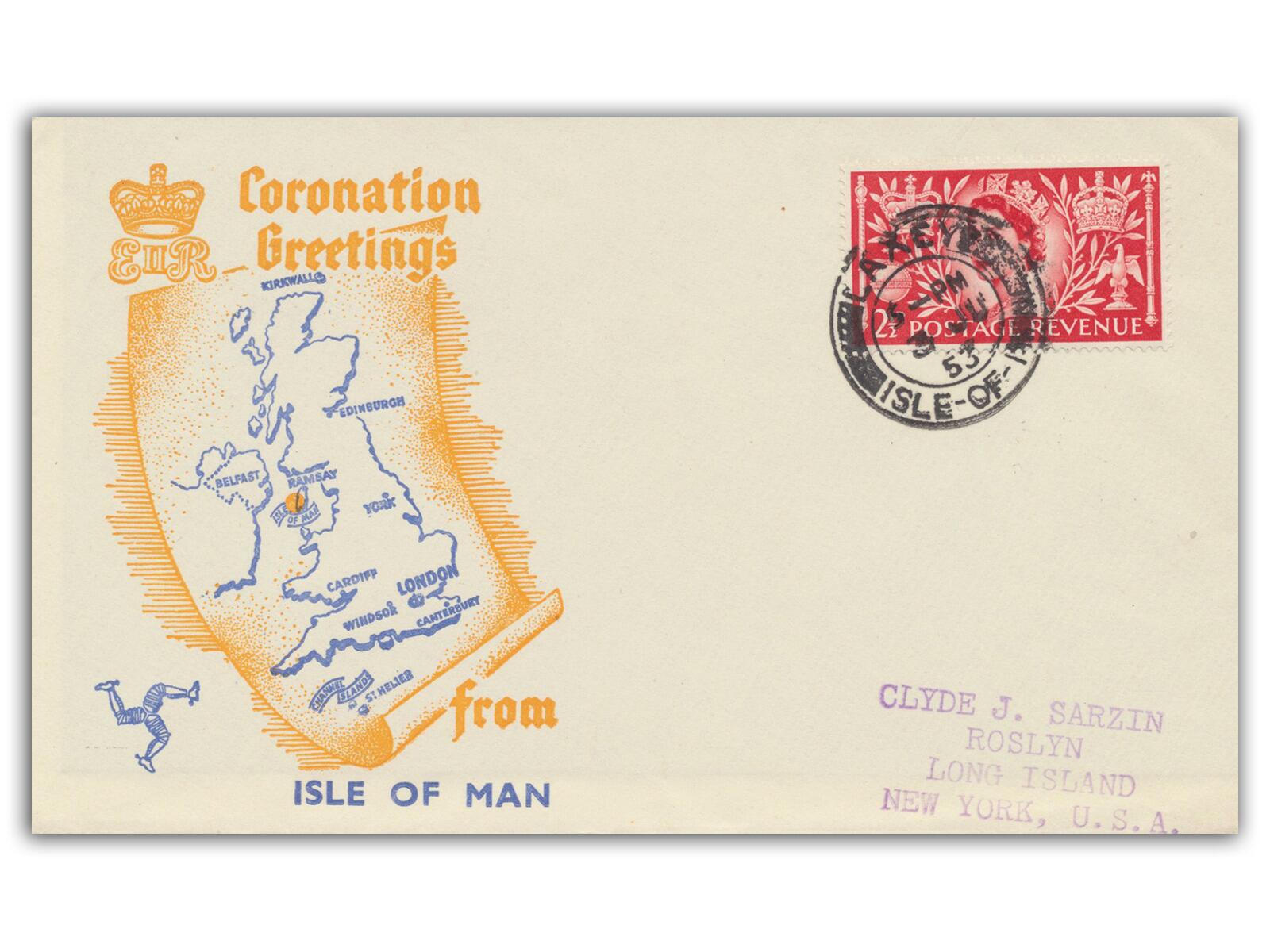 1953 Coronation, Isle of Man Postmark, Clyde Sarzin cover