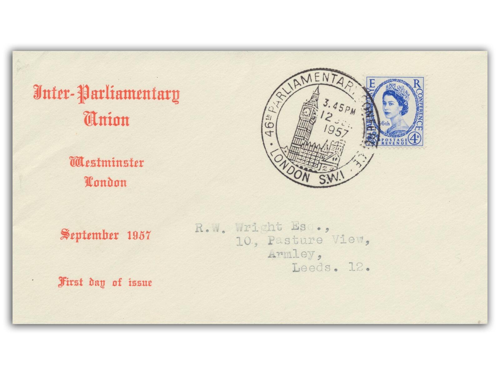 1957 Parliament, Big Ben 3.45pm postmark, Red Display Cover