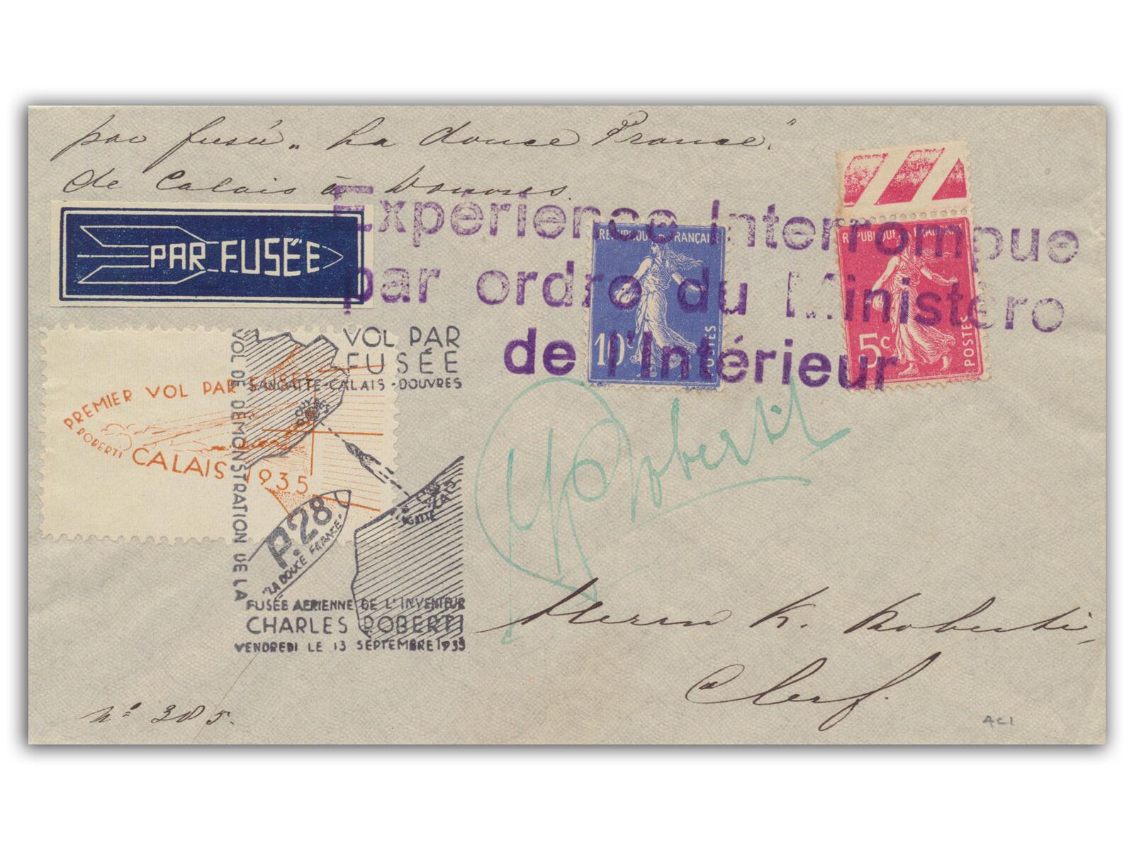Charles Roberti signed 1935 English Channel Rocket Mail Cover