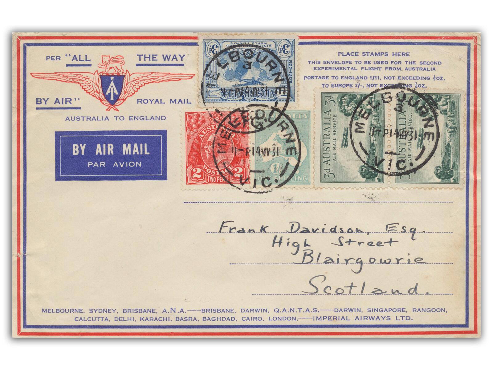 1931 Australia - England Experimental Flight Carried Cover