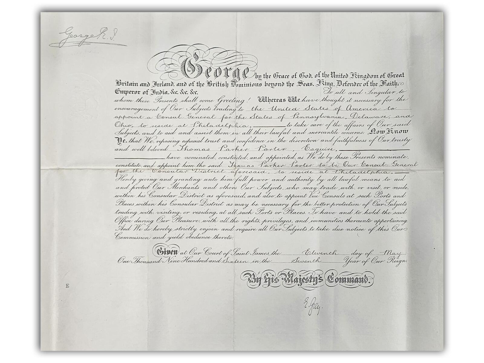 King George V Signed | 1916 Consul Document