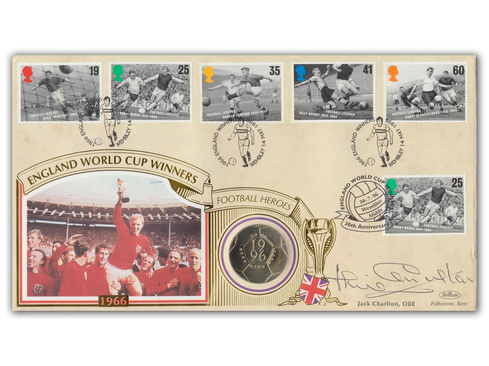 Jackie Charlton signed 1996 Football Legends £2 Coin Cover