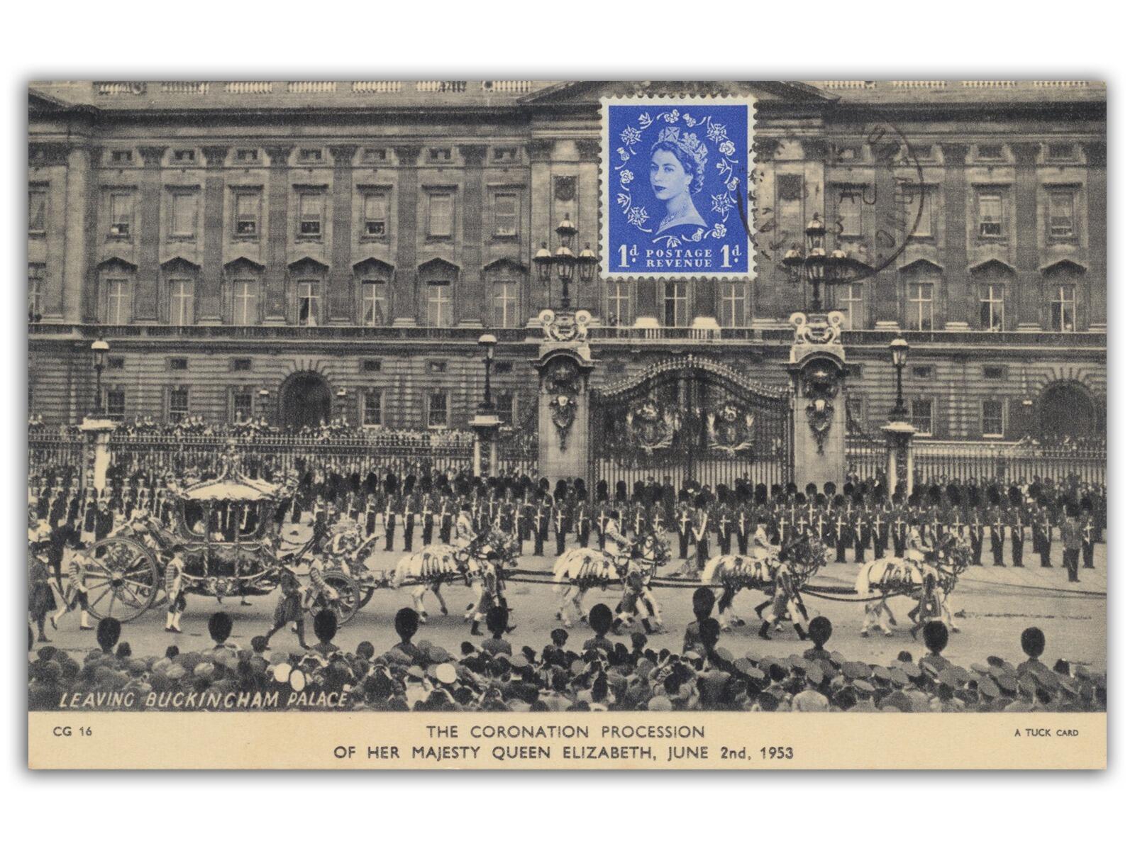 31st August 1953 1d Blue Wilding with Caversham Road, Reading CDS. Tuck’s postcard showing Horse and Carriage in front on Buckingham Palace.