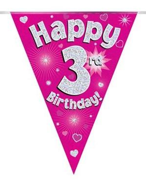 Pink Glitz Birthday Foil Flag Banner 9ft Pink Purple White And Holographic Dots 