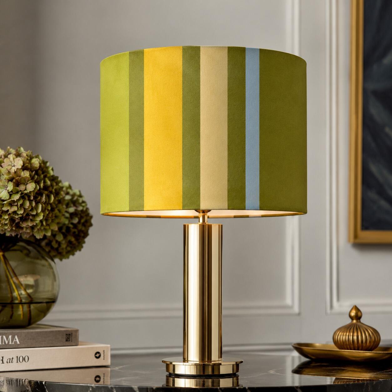 Green and Yellow Stripe Velvet Lampshade on Gold Table Lamp