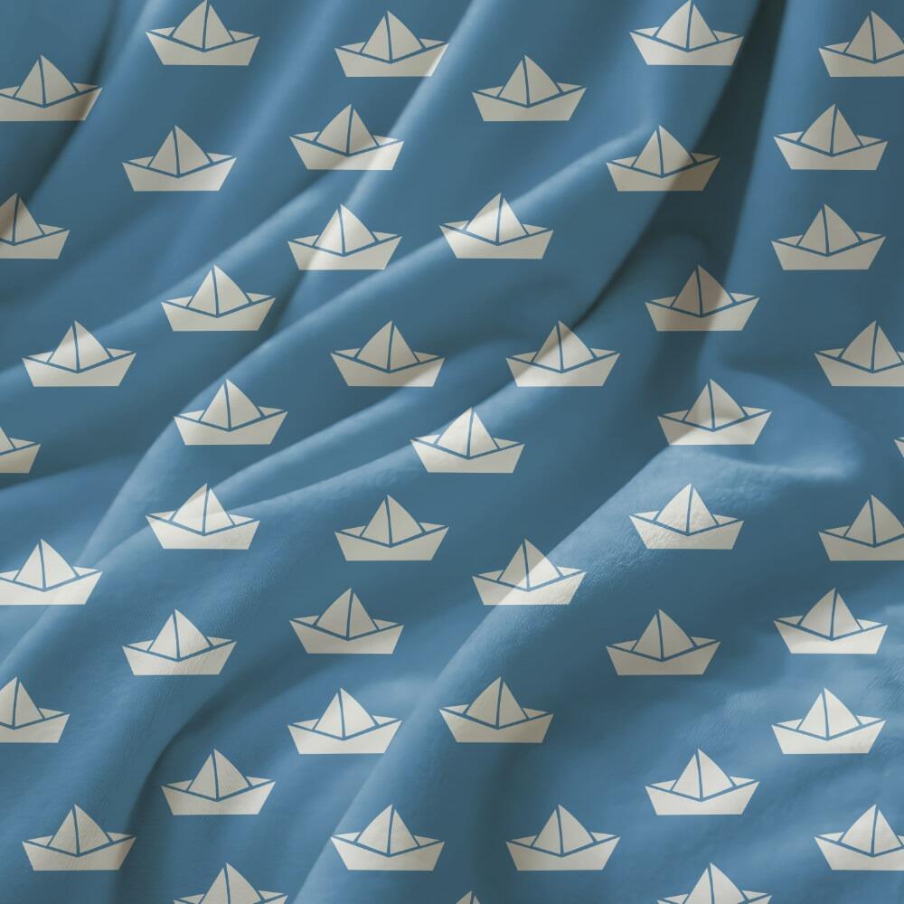 Blue Paper Boats Nautical Velvet Fire Retardant Fabric
