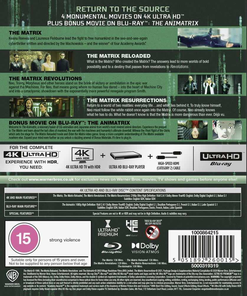 The Matrix Ultimate Collection (4 Films + Animatrix) 4K Ultra HD