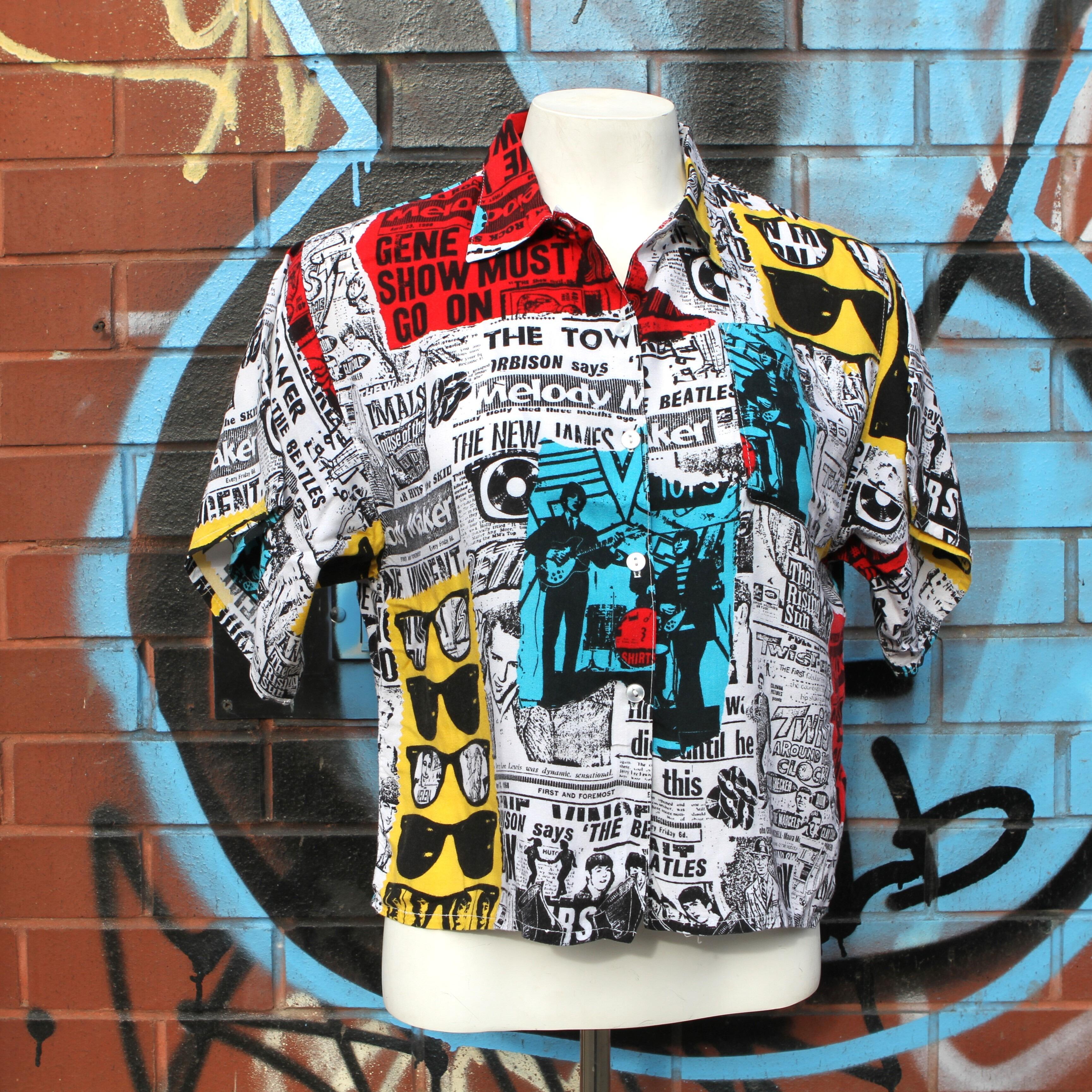 Amazing Chelsea Girl vintage blouse featuring pop art style news headlines