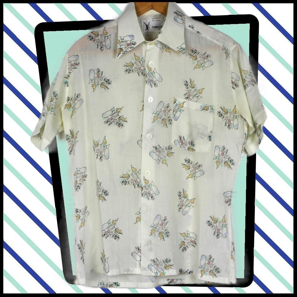 A cool shirt with circus women and big cat repeated pattern on a white background