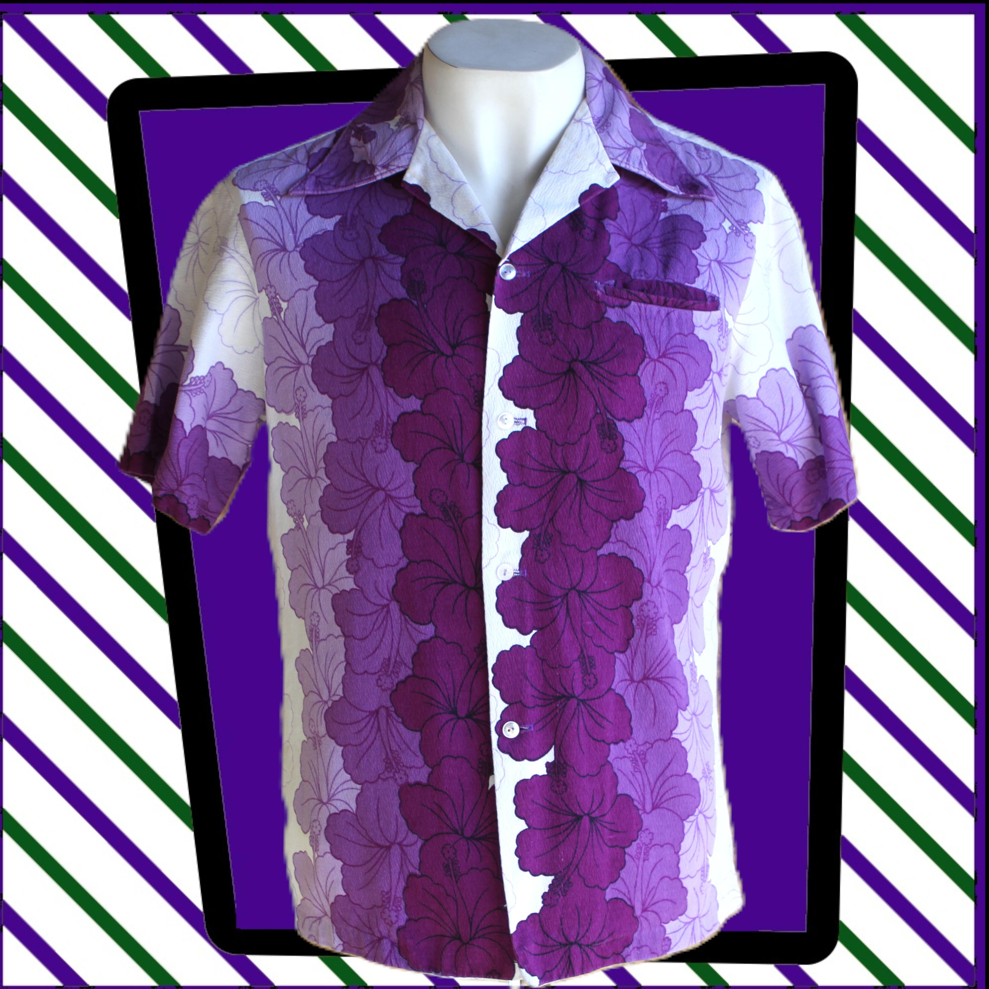 amazing original vintage 60/70s Ui-Maikai Hawaiian shirt featuring bold flowers in purples on a white background
