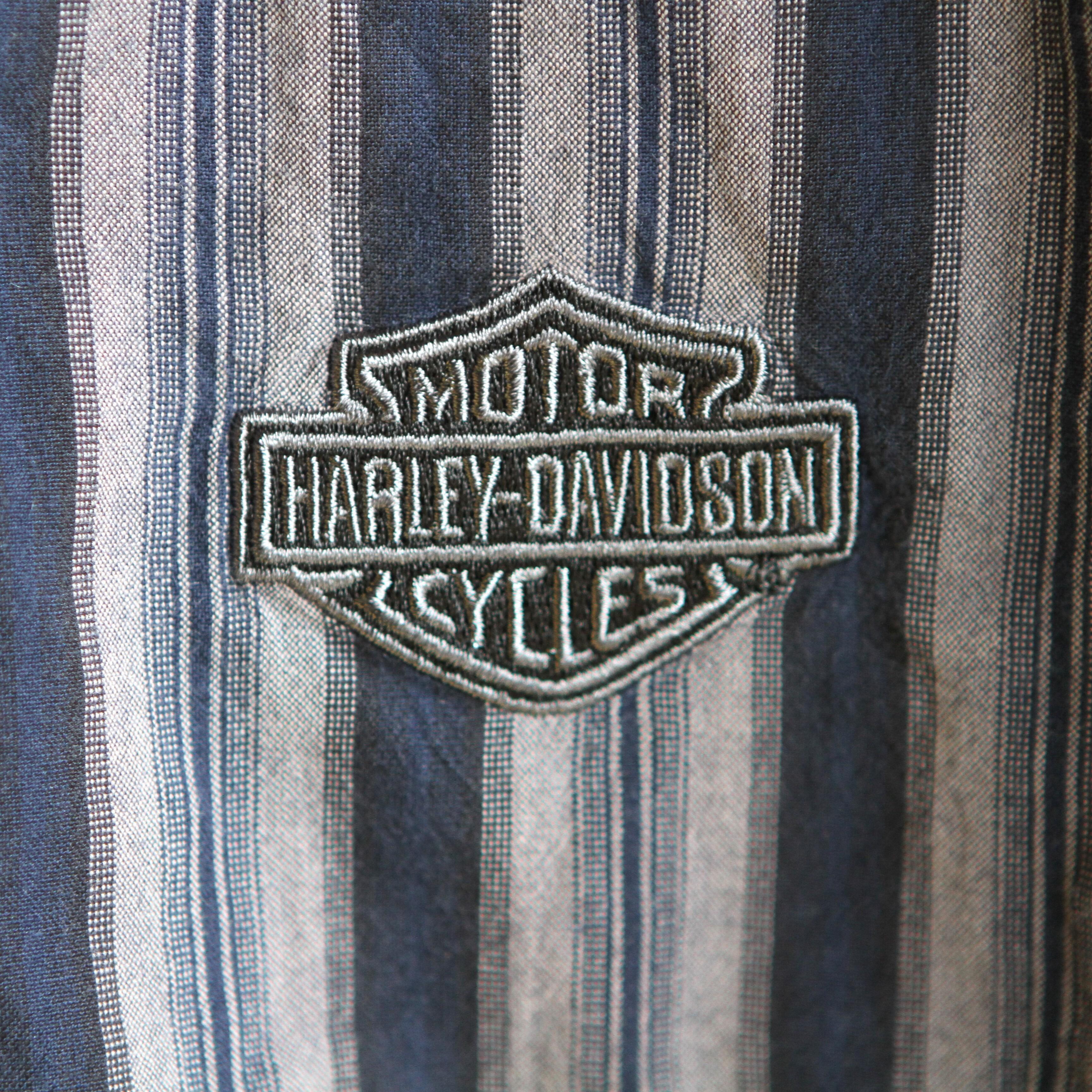 Harley-Davidson shirt in grey and blue vertical stripes- brand badge detail