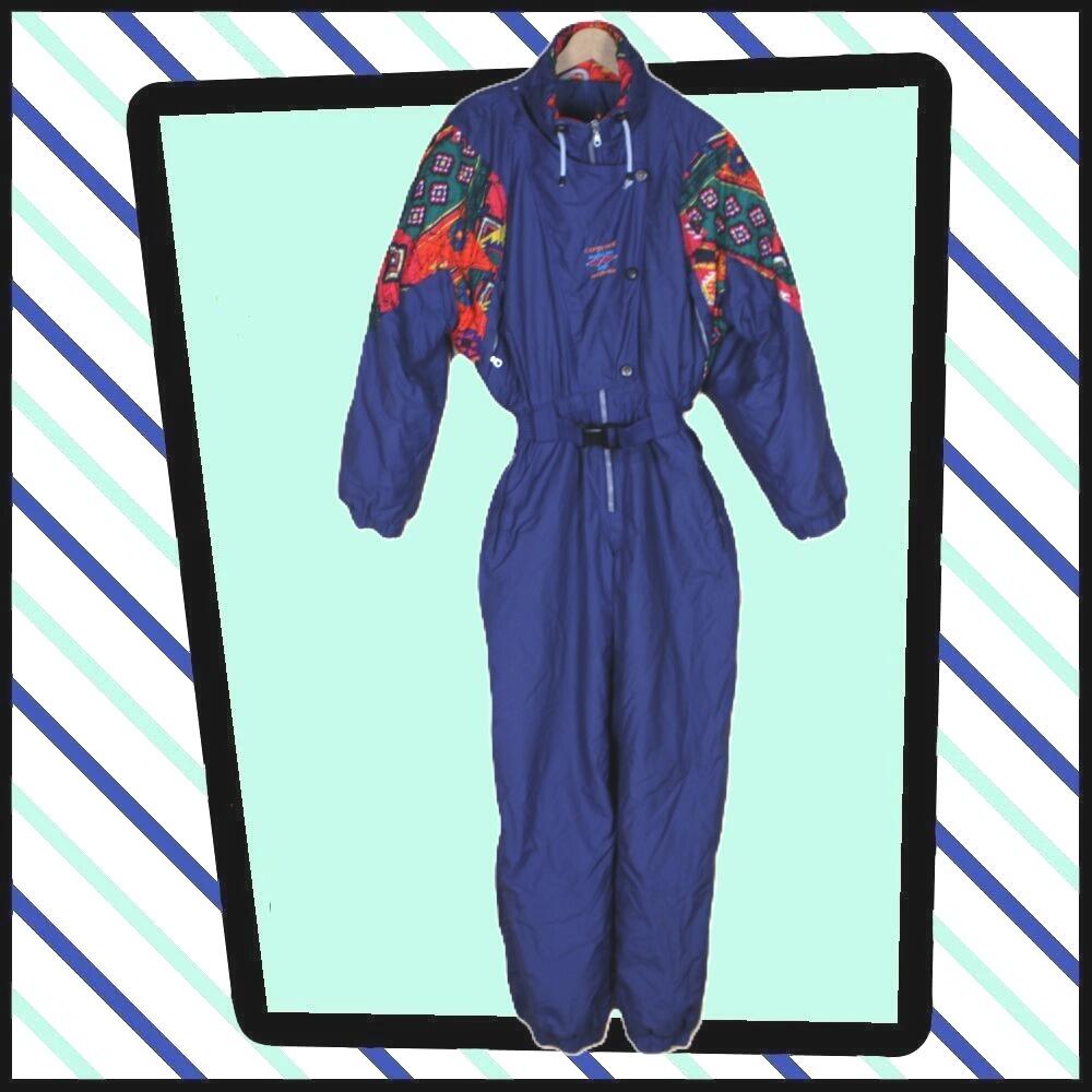 Cool, retro ski/snow suit, full length front view