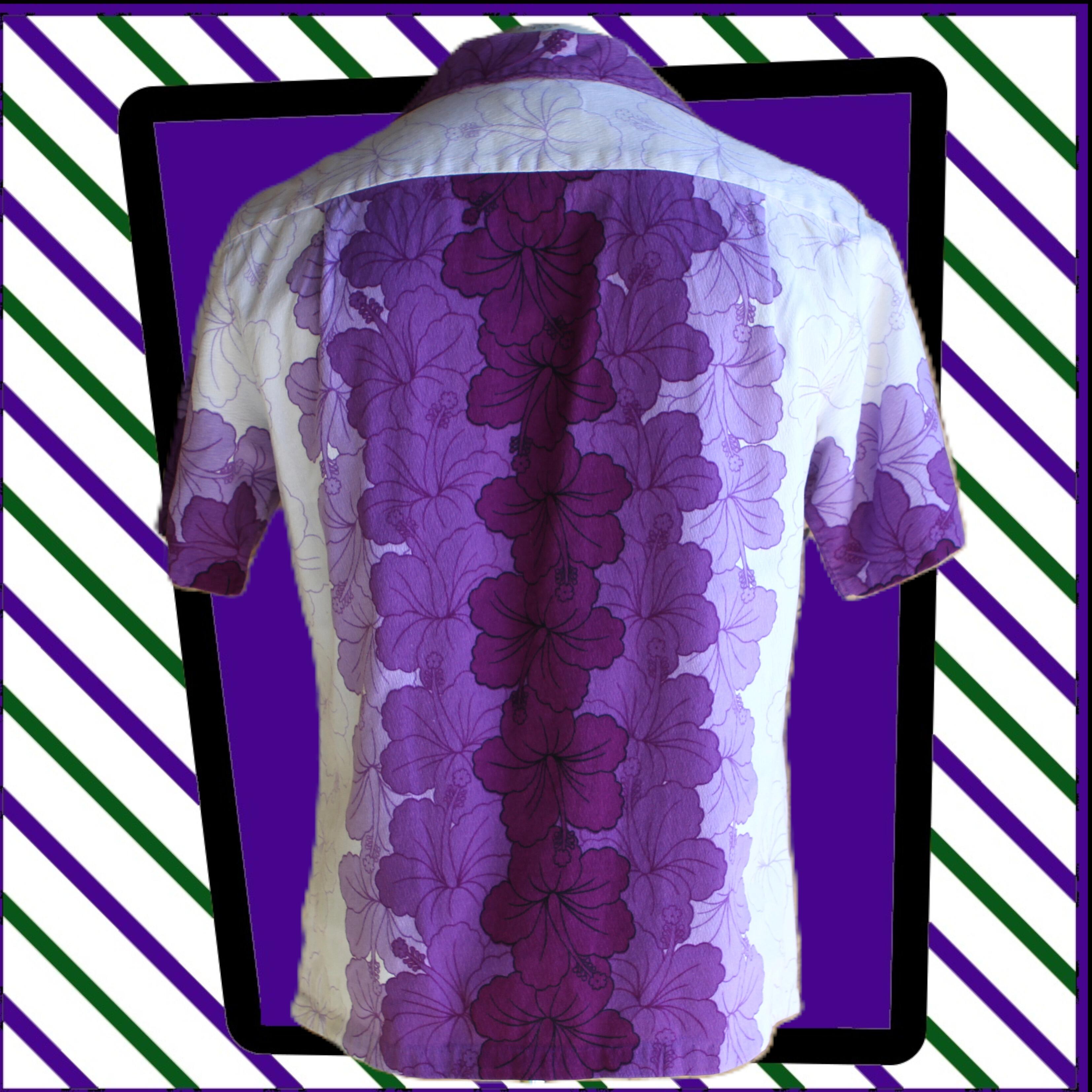 amazing original vintage 60/70s Ui-Maikai Hawaiian shirt featuring bold flowers in purples on a white background - rear view