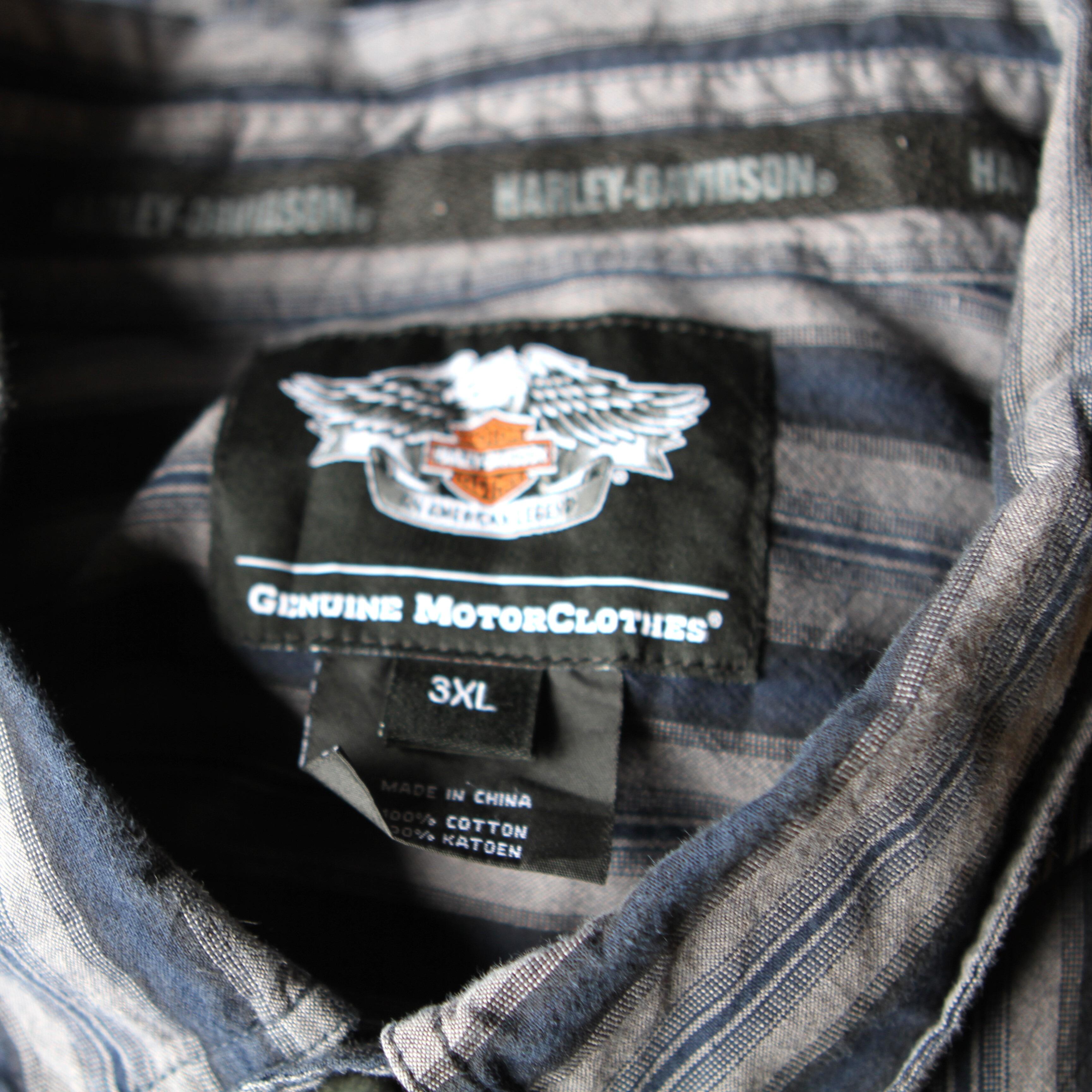 Harley-Davidson shirt in grey and blue vertical stripes- label