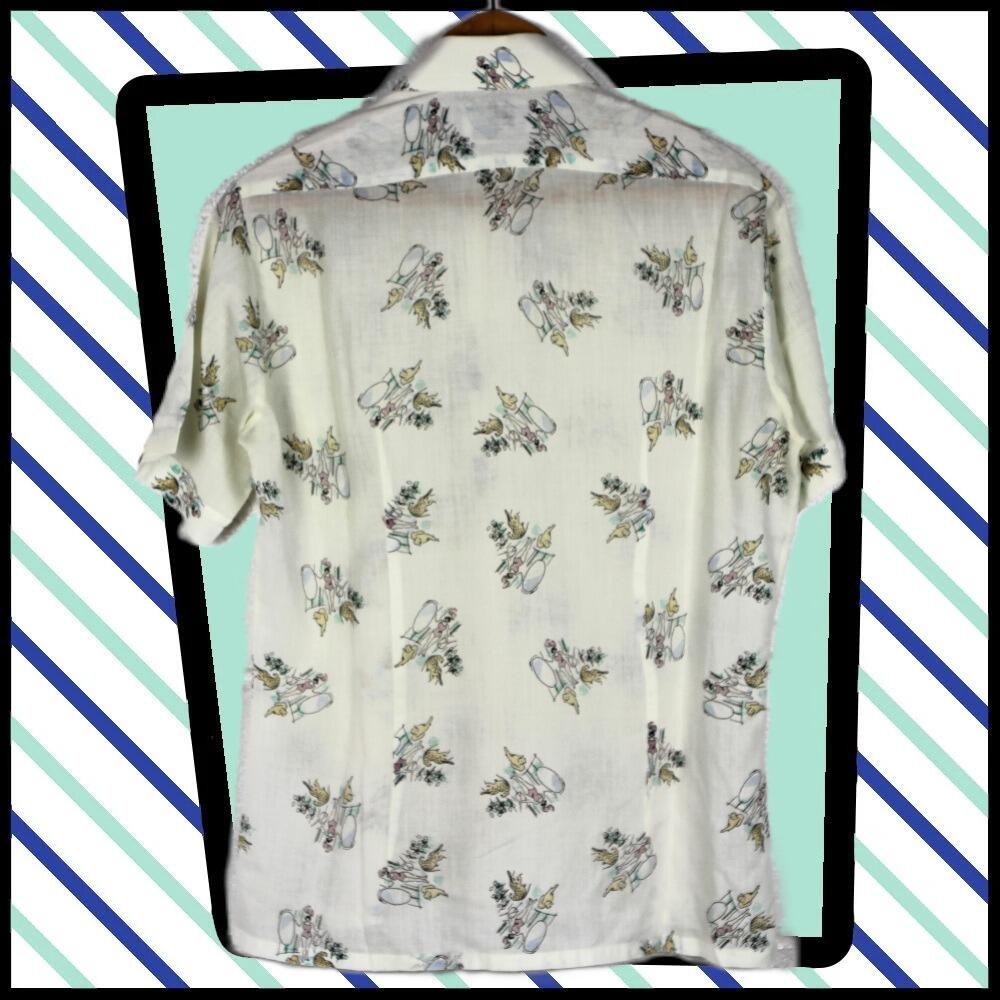 A cool shirt with circus women and big cat repeated pattern on a white background- rear view