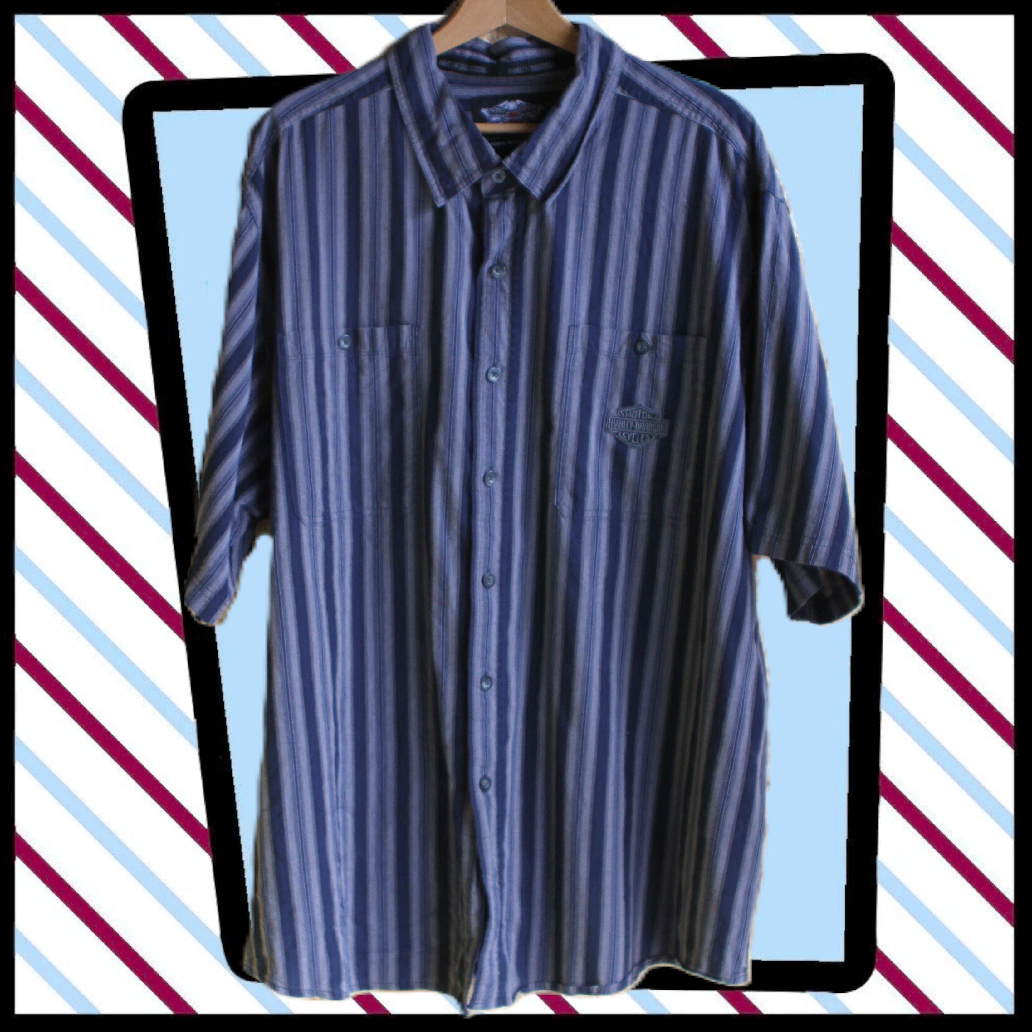 Harley-Davidson shirt in grey and blue vertical stripes