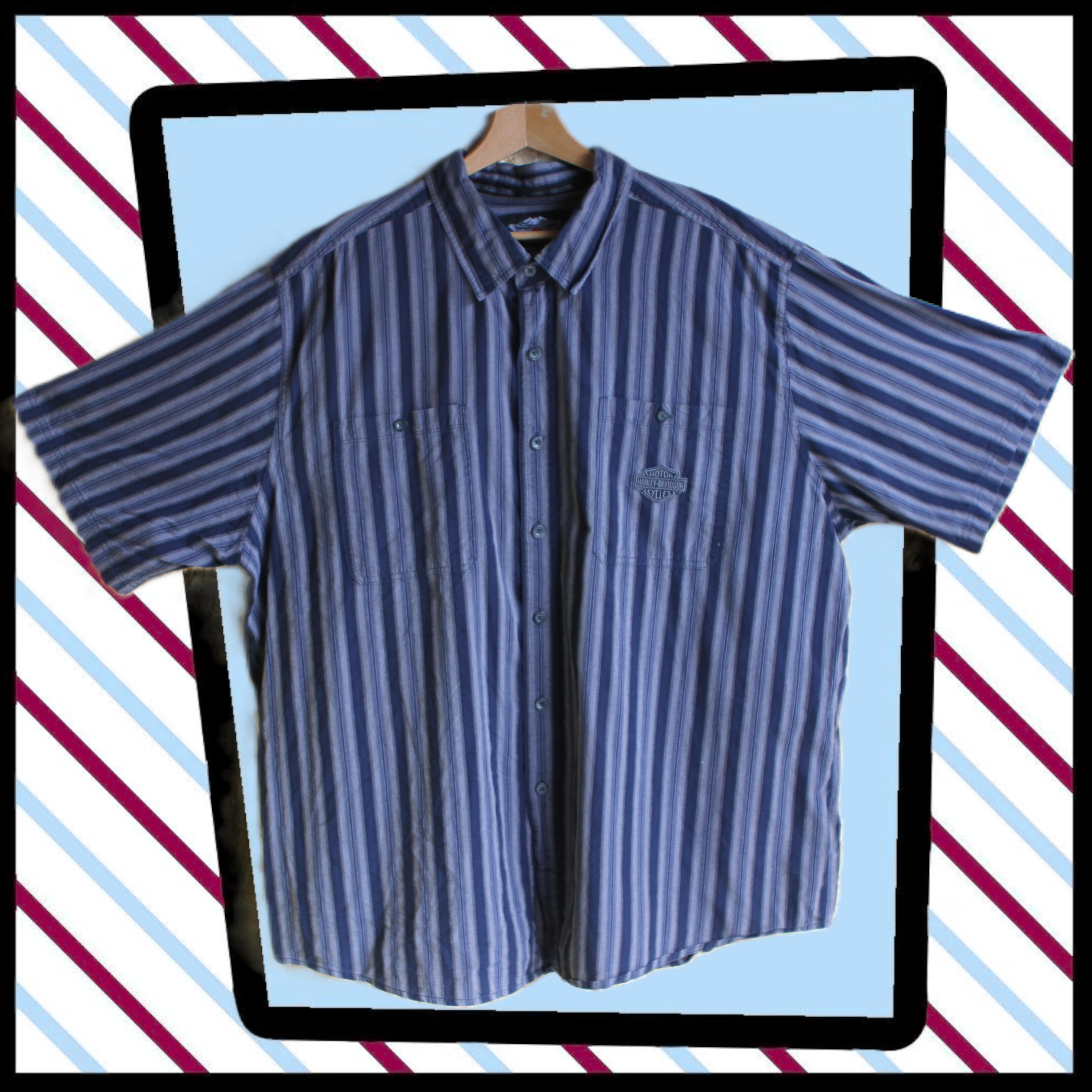 Harley-Davidson shirt in grey and blue vertical stripes