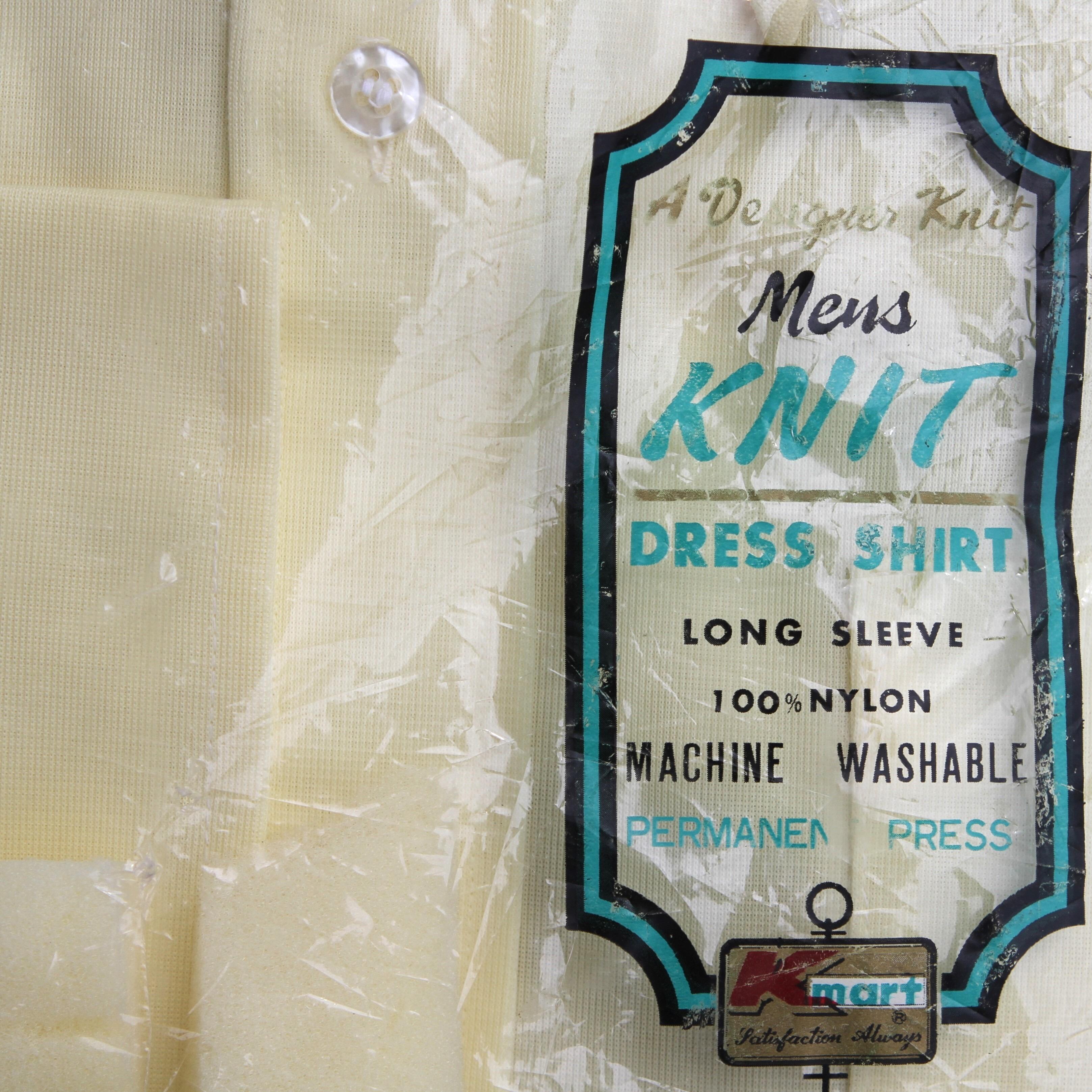 cool Vintage Nylon Knit K-MART Unworn L/S Dress SHIRT in Yellow- packaging label