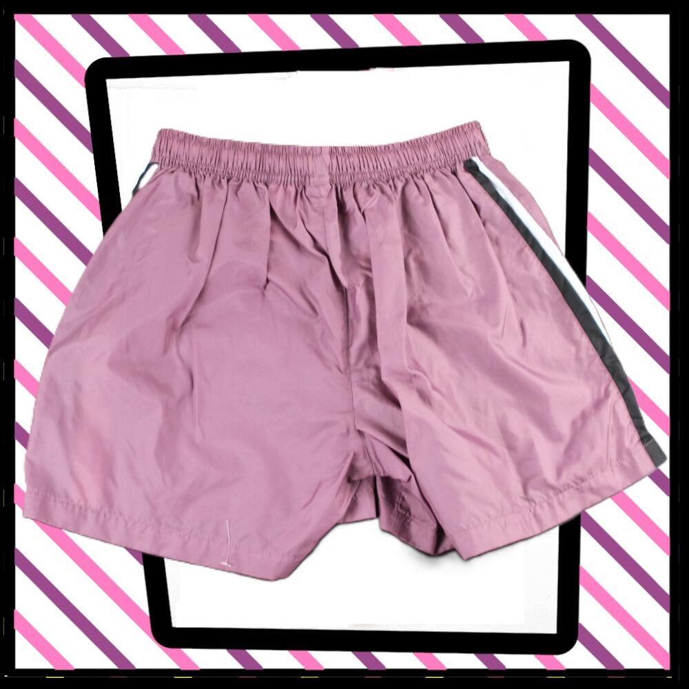 Nike lightweight sports shorts, in mauve with white and black vertical stripes at the side
