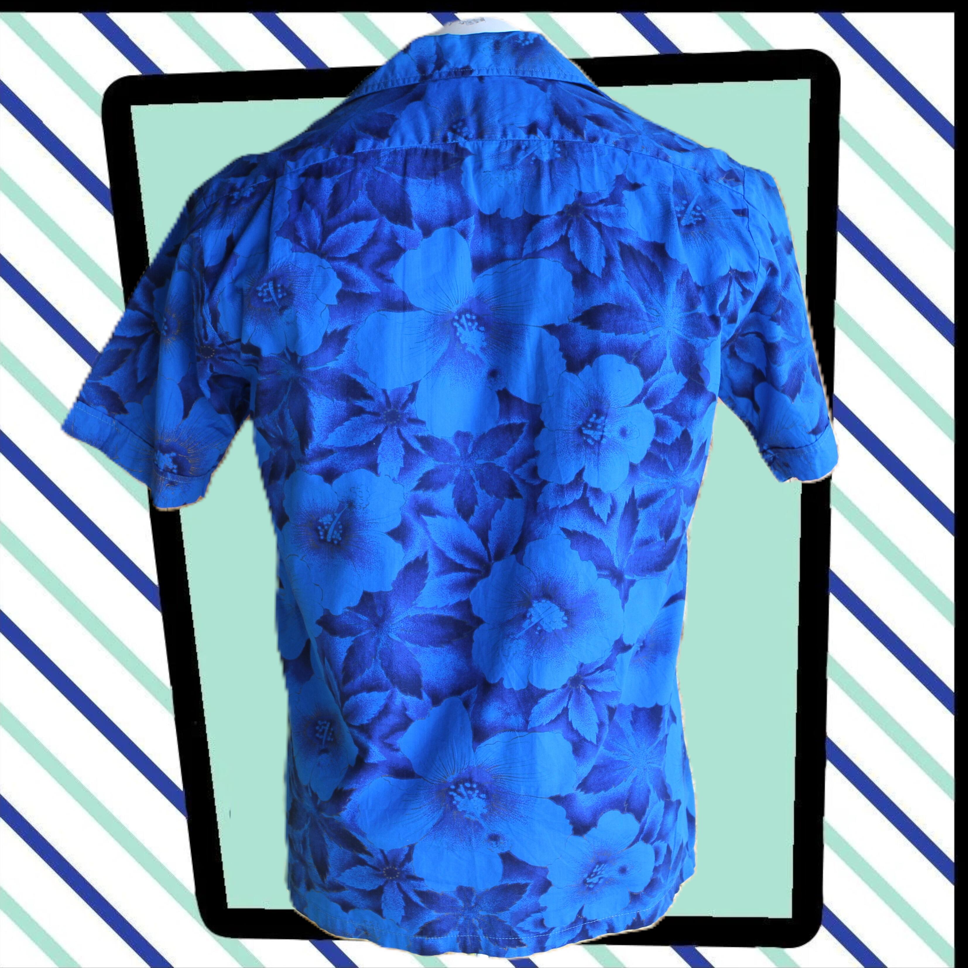 amazing original vintage 60s Waikiki Wear Hawaiian shirt in blue with a floral design in blues black and gold- very cool- rear view